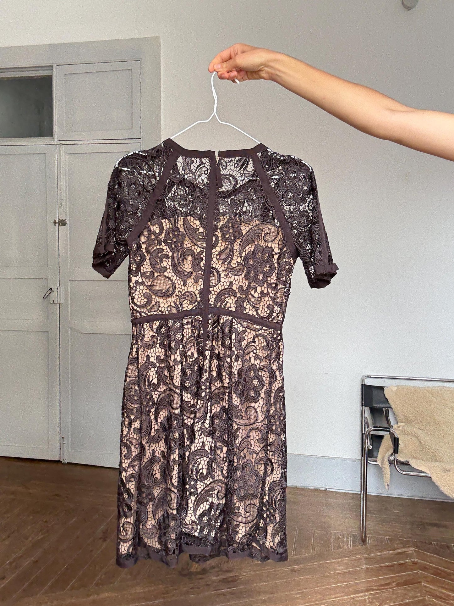 Hoss Intropia black lace dress | romantic sheer overlay fit & flare | Spanish luxury brand | party-ready elegance | EU 40 | size M