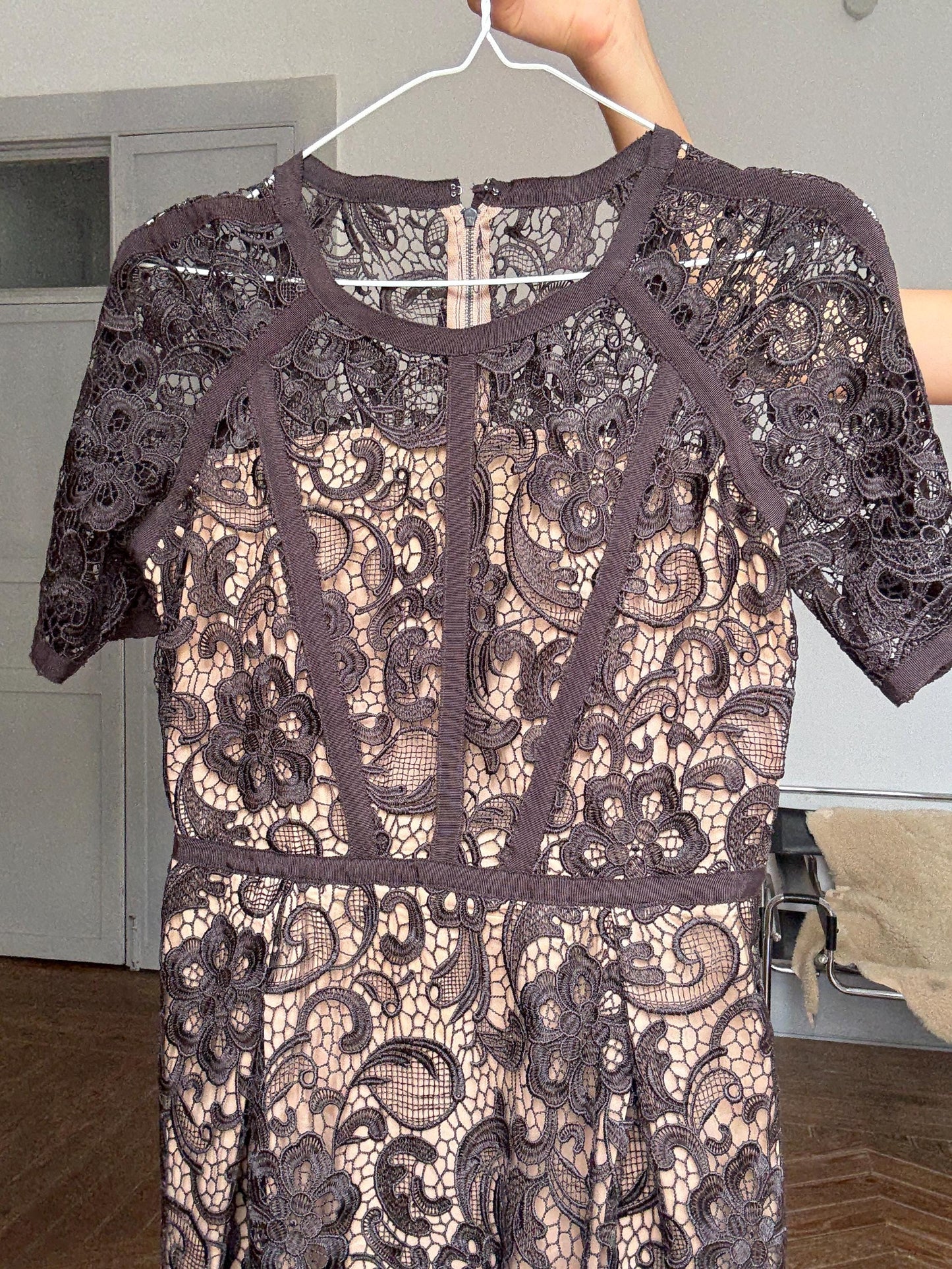 Hoss Intropia black lace dress | romantic sheer overlay fit & flare | Spanish luxury brand | party-ready elegance | EU 40 | size M