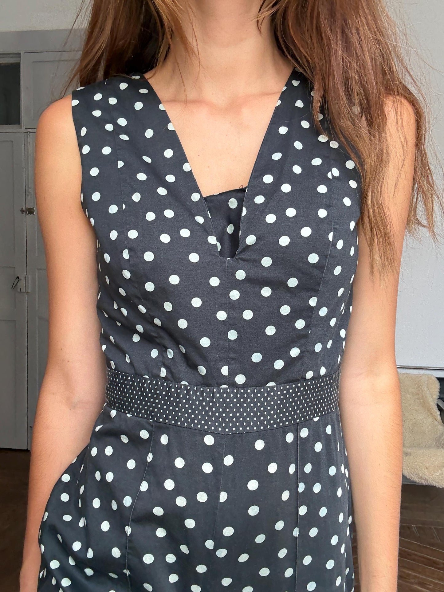 Vintage polka dot jumpsuit – blue dot wide leg one piece, elegant 2000s retro cut, great for petites, summer chic, Size M
