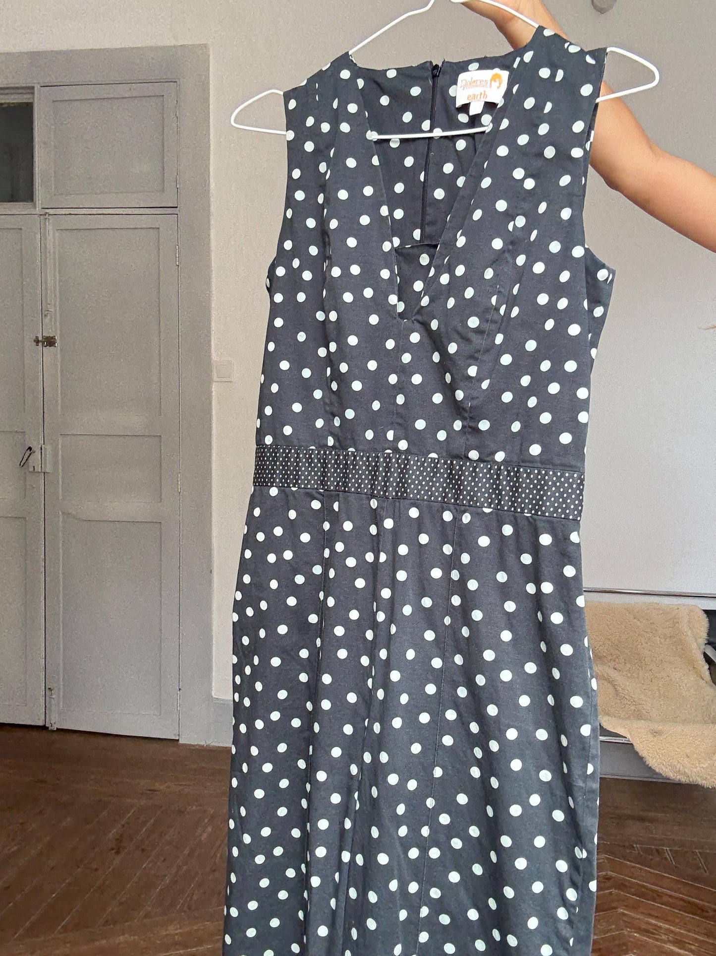 Vintage polka dot jumpsuit – blue dot wide leg one piece, elegant 2000s retro cut, great for petites, summer chic, Size M