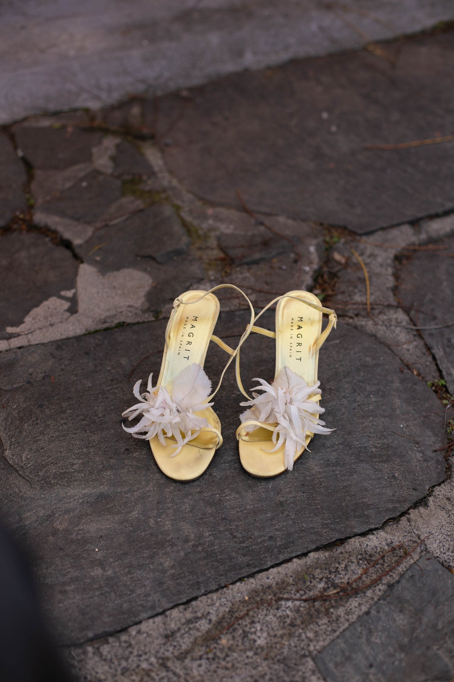 Vintage Magrit Floral Heels – Yellow Satin Sandals – EU 38