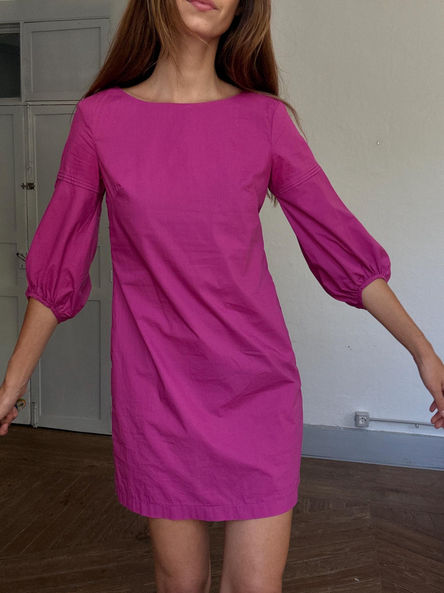 Adolfo Dominguez pink cotton mini dress, puff sleeve party dress, Spanish designer piece, Size S