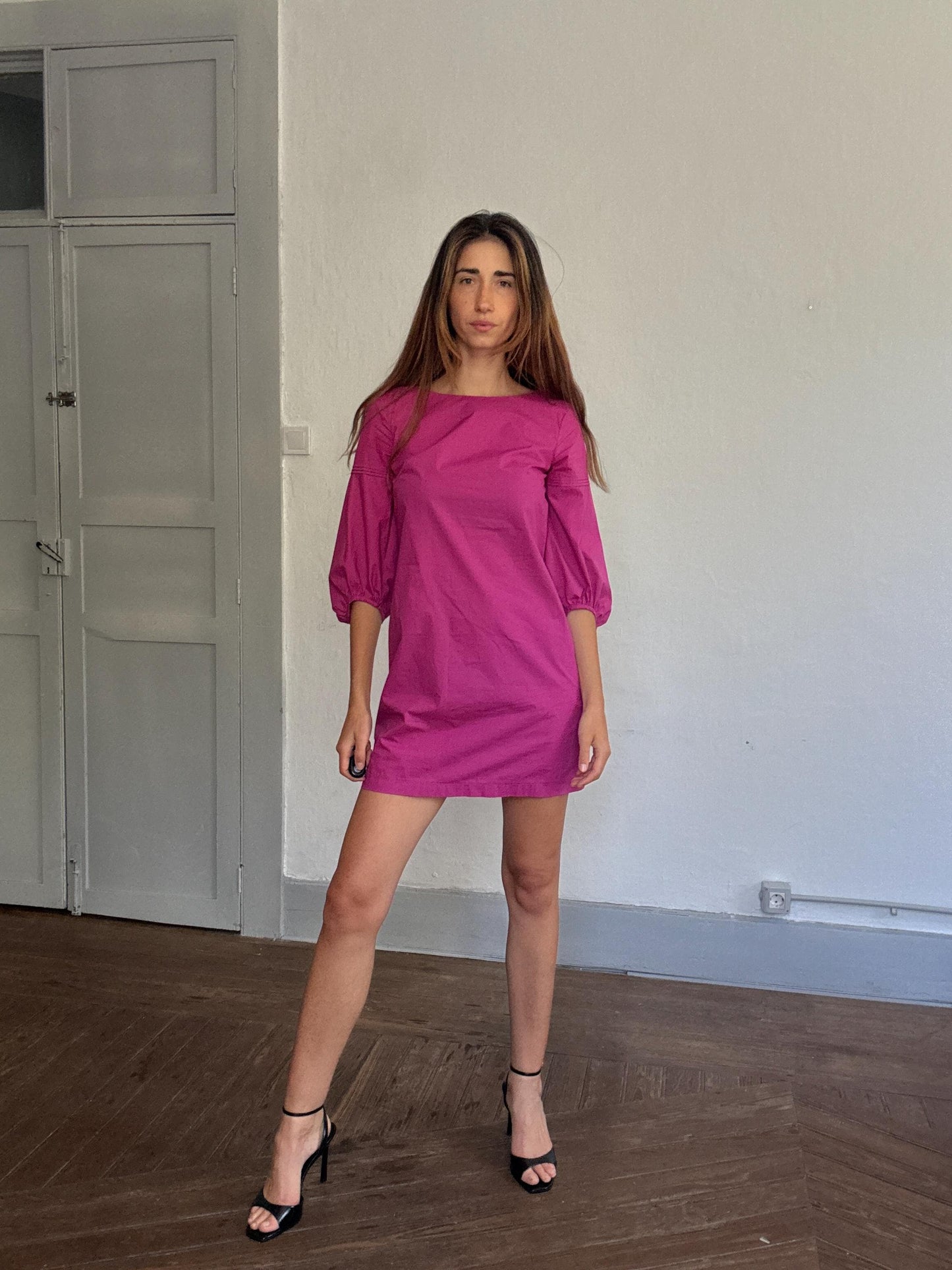 Adolfo Dominguez pink cotton mini dress, puff sleeve party dress, Spanish designer piece, Size S