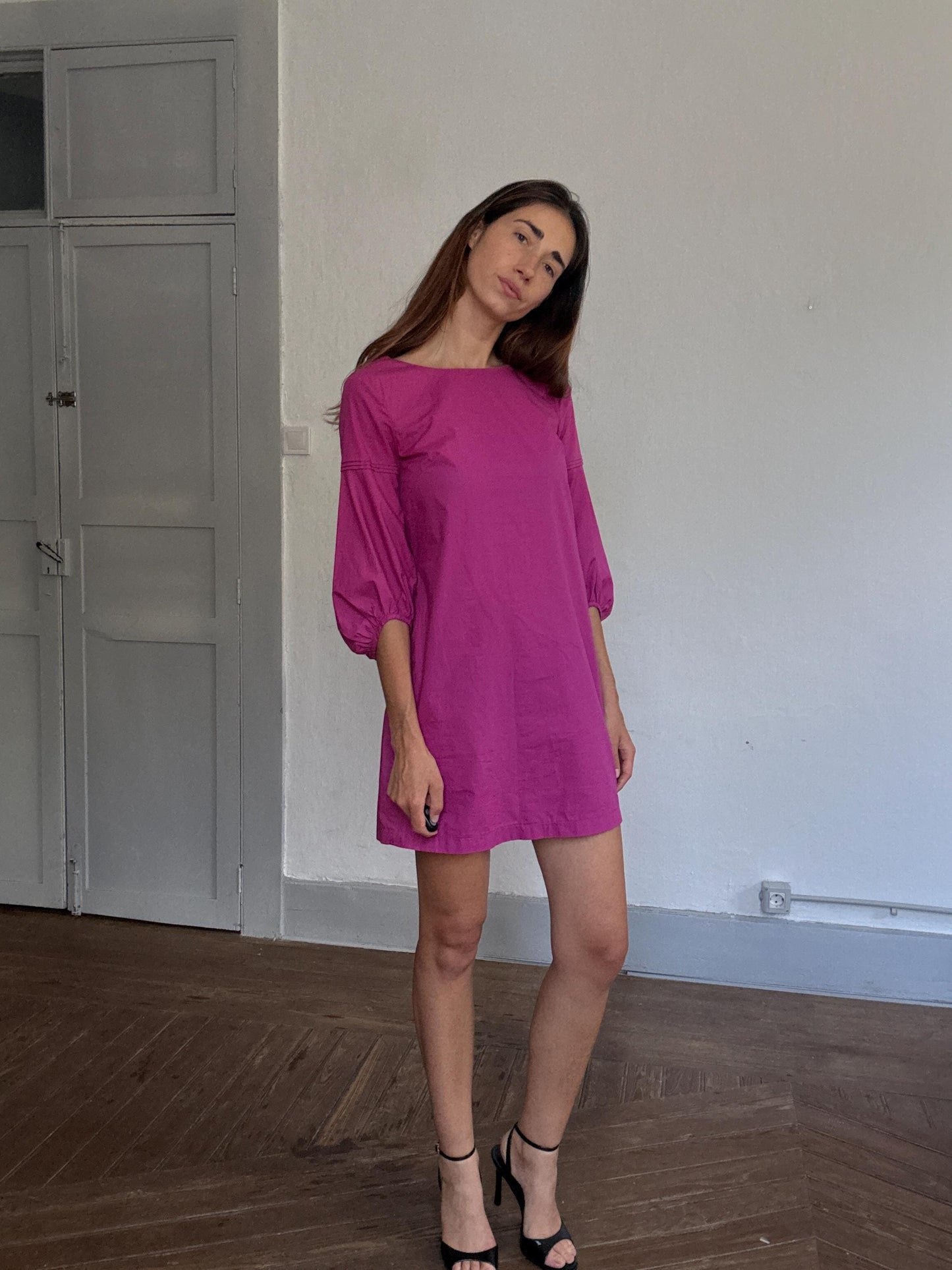 Adolfo Dominguez pink cotton mini dress, puff sleeve party dress, Spanish designer piece, Size S