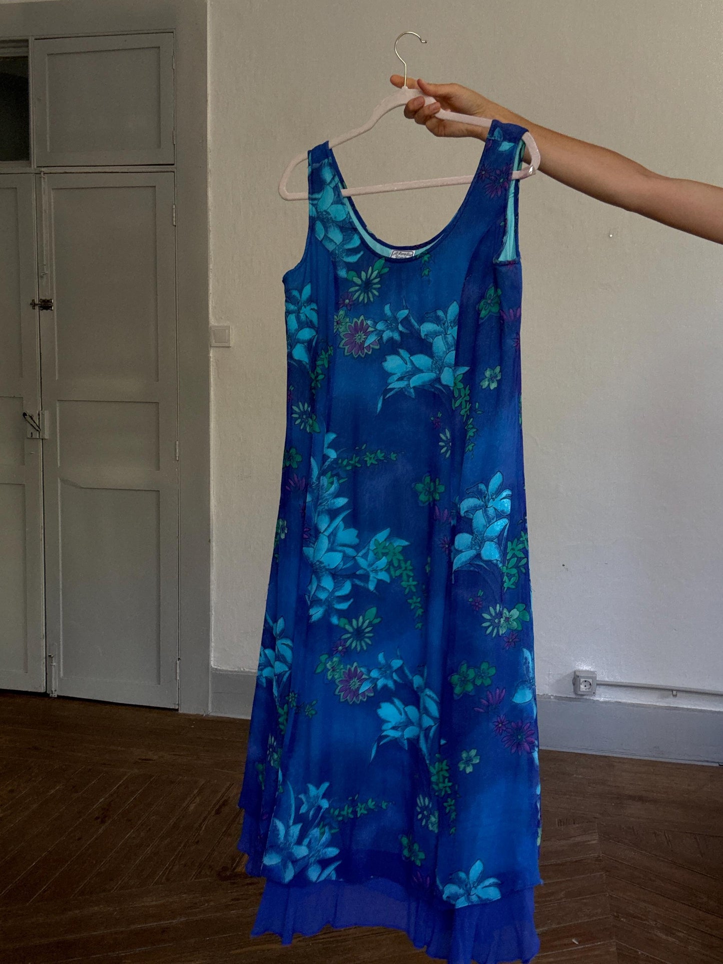 Vintage blue floral midi dress ruffle hem Y2K dreamy vacation style, Summer clothing, Plus size women wear
