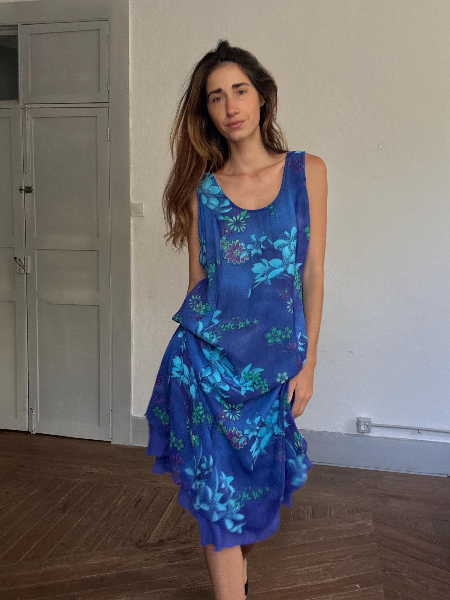 Vintage blue floral midi dress ruffle hem Y2K dreamy vacation style, Summer clothing, Plus size women wear