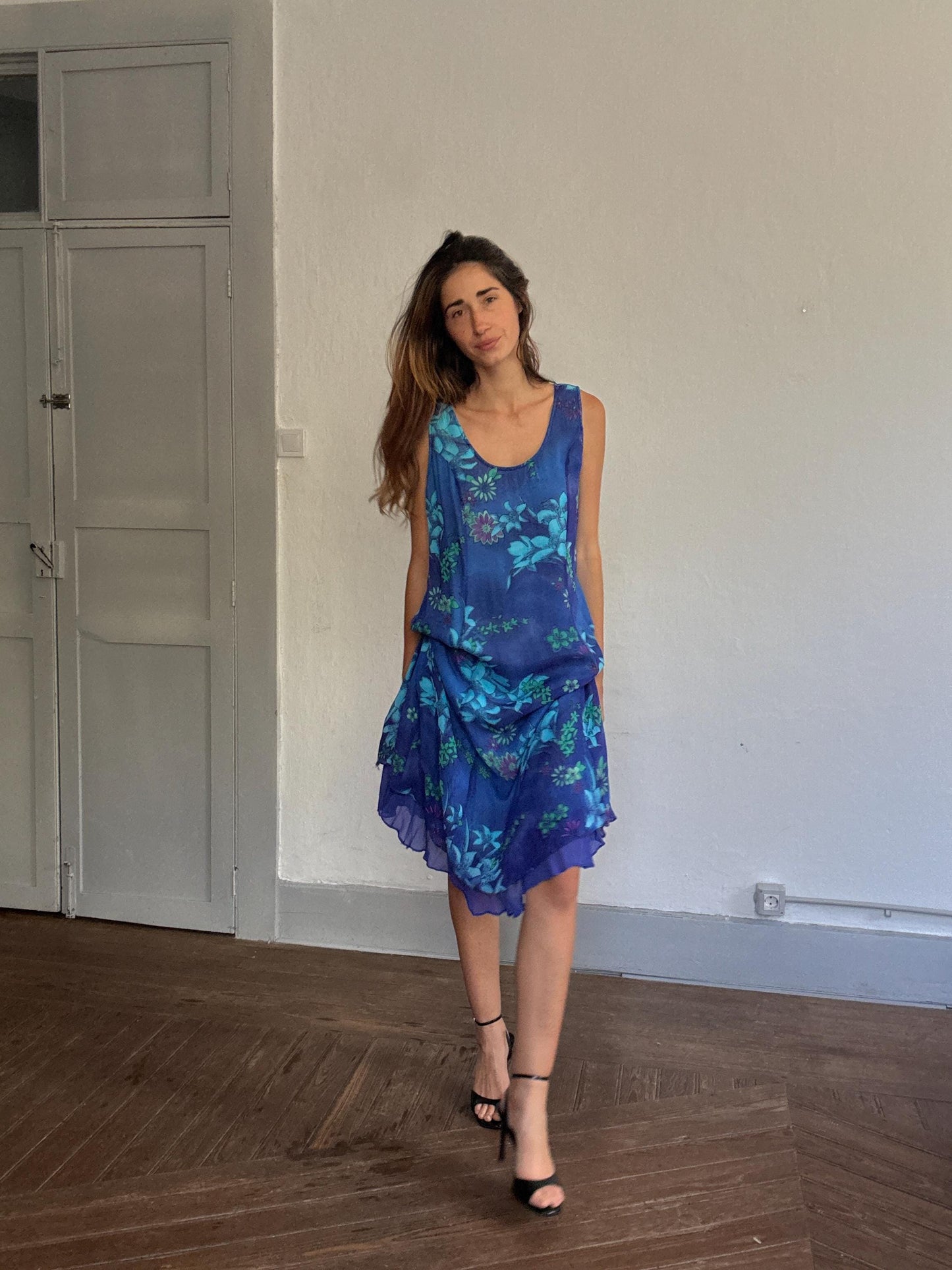 Vintage blue floral midi dress ruffle hem Y2K dreamy vacation style, Summer clothing, Plus size women wear