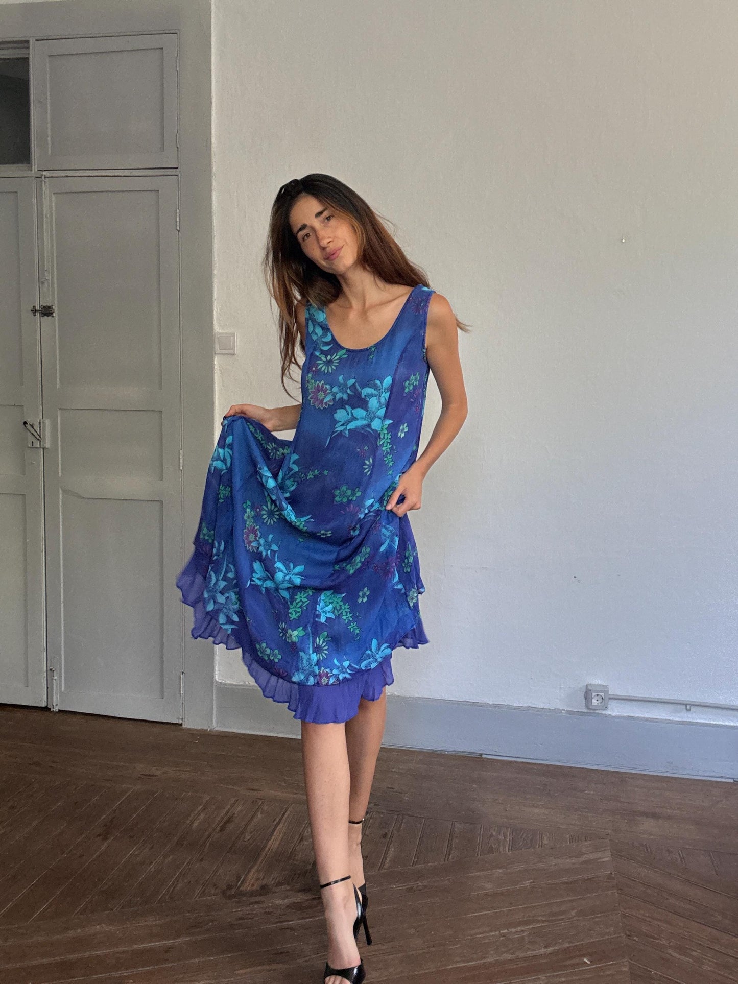 Vintage blue floral midi dress ruffle hem Y2K dreamy vacation style, Summer clothing, Plus size women wear