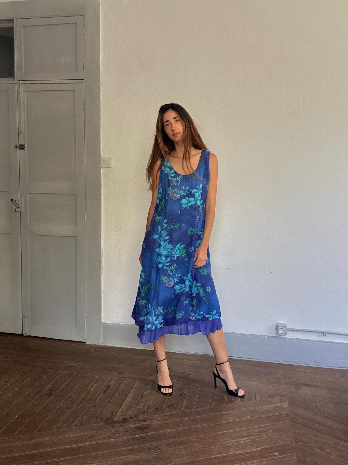Vintage blue floral midi dress ruffle hem Y2K dreamy vacation style, Summer clothing, Plus size women wear