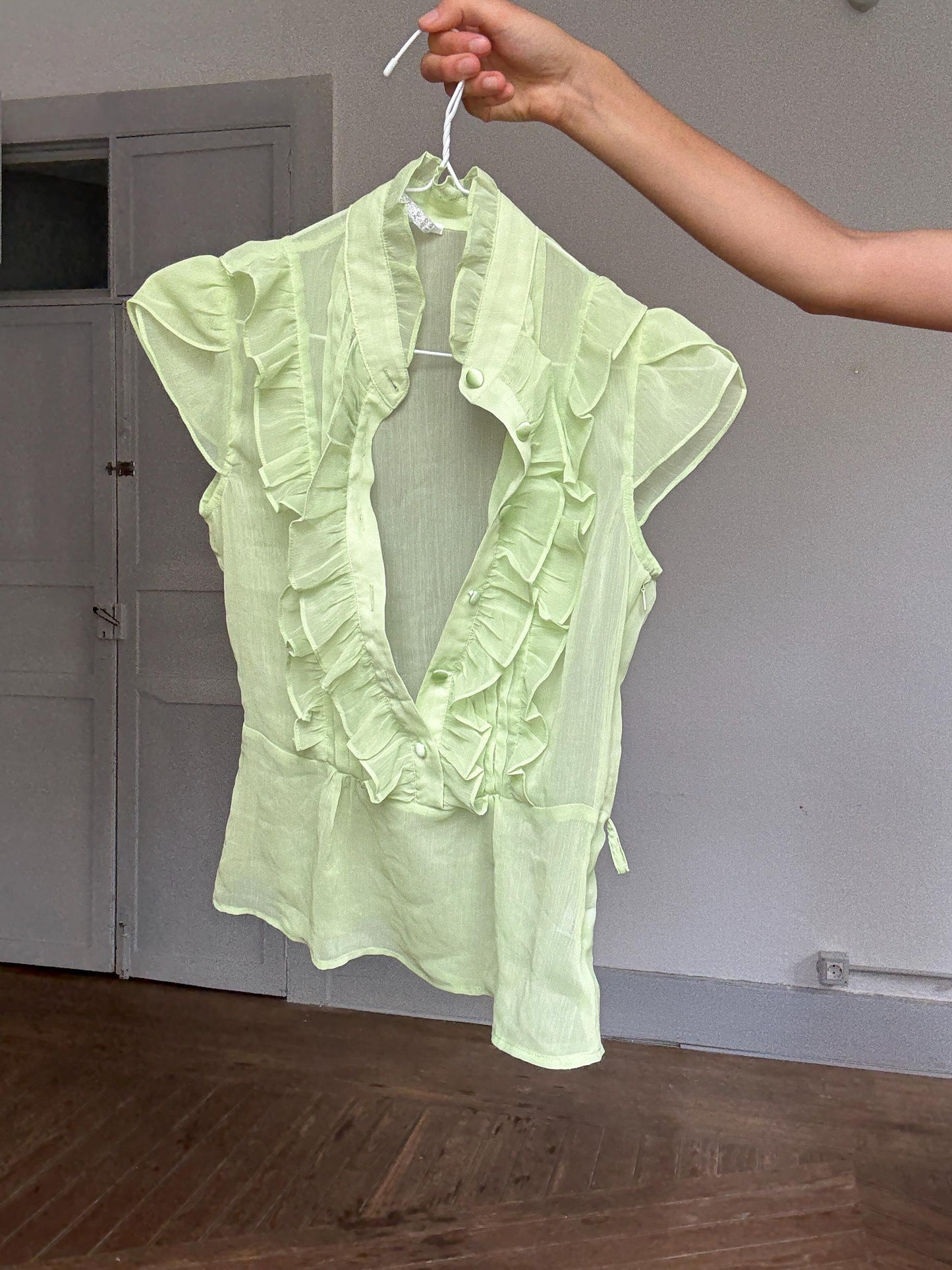 Vintage green ruffle blouse sheer mesh preppy coquette style top, Size XS - S