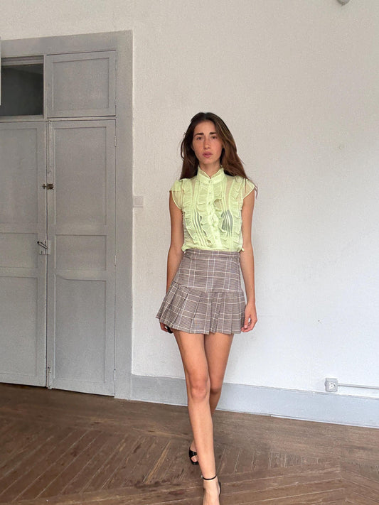 Vintage green ruffle blouse sheer mesh preppy coquette style top, Size XS - S