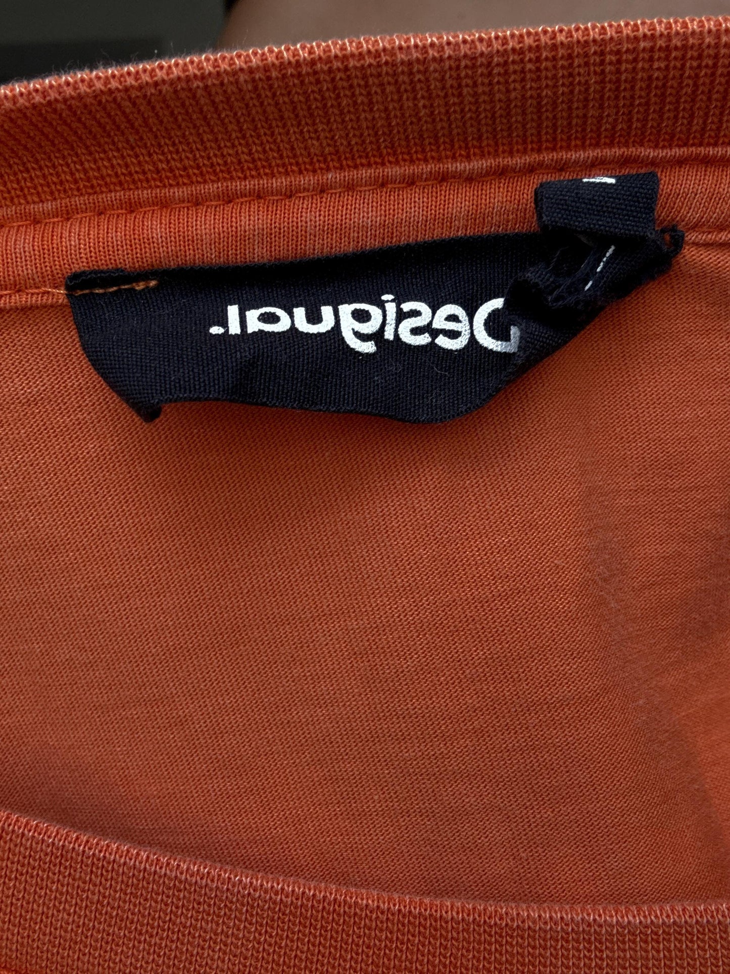 Desigual orange cotton t-shirt – “Free Life” bold back print, lizard graphic, retro 90s style tee with front logo, size M