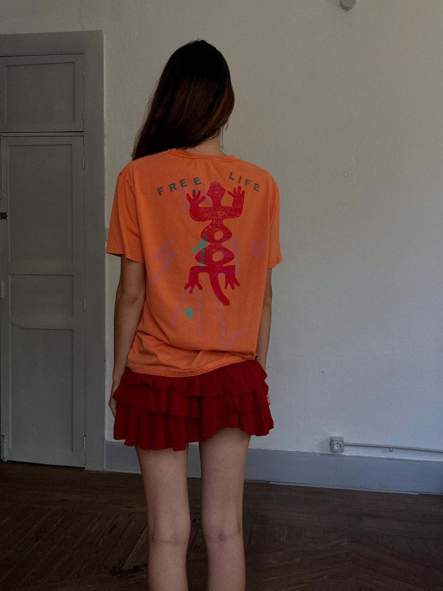 Desigual orange cotton t-shirt – “Free Life” bold back print, lizard graphic, retro 90s style tee with front logo, size M