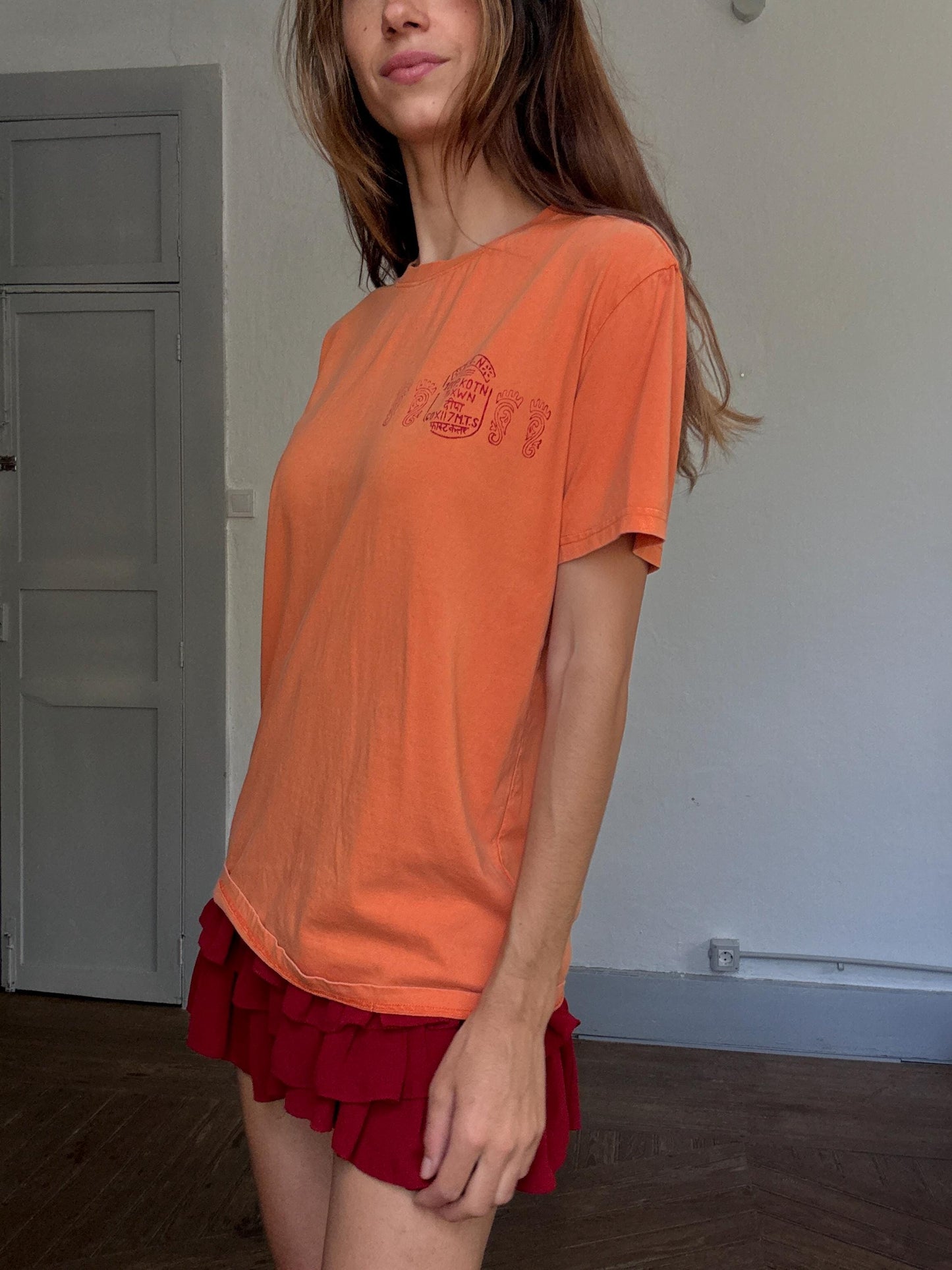 Desigual orange cotton t-shirt – “Free Life” bold back print, lizard graphic, retro 90s style tee with front logo, size M
