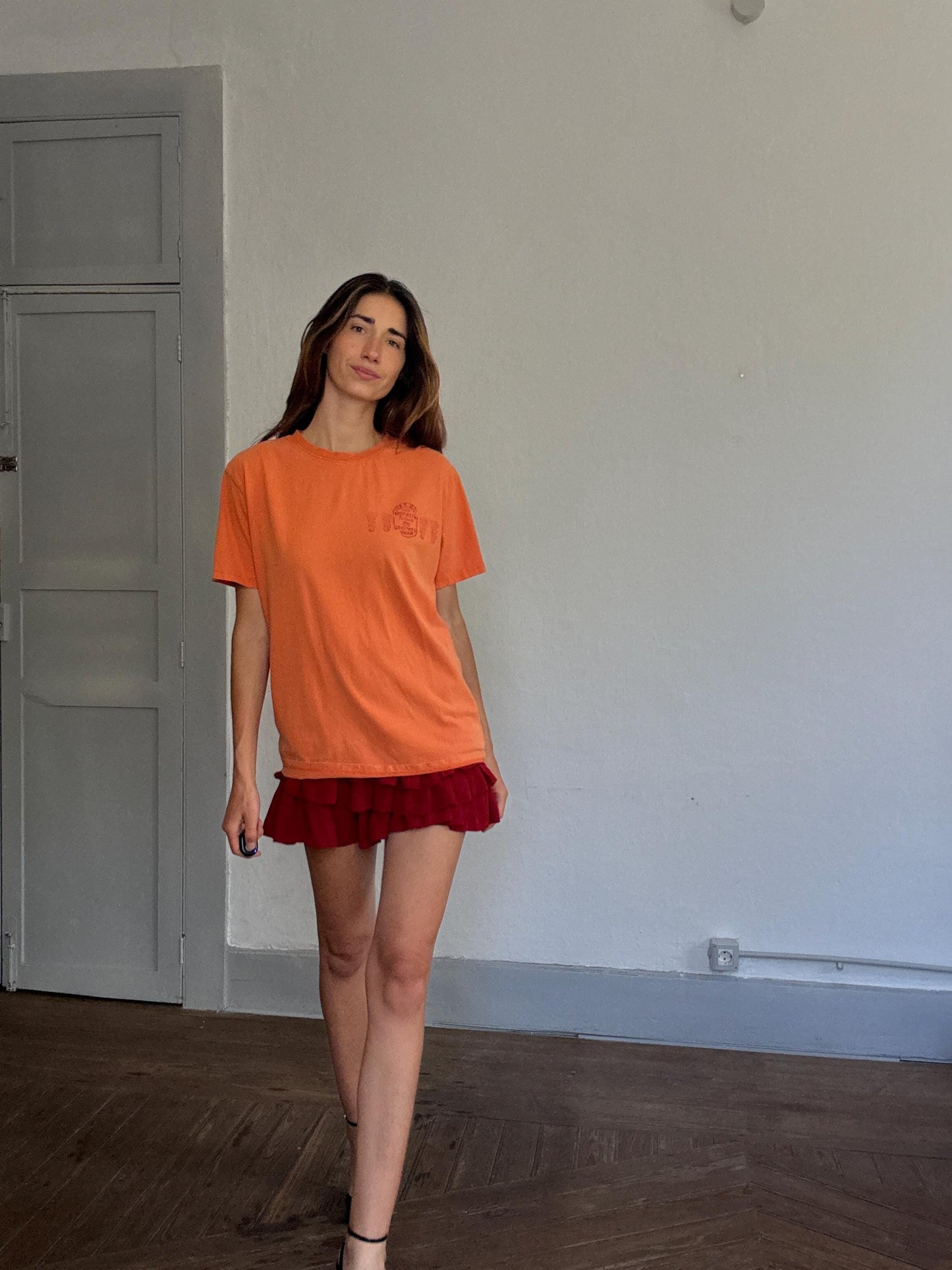 Desigual orange cotton t-shirt – “Free Life” bold back print, lizard graphic, retro 90s style tee with front logo, size M