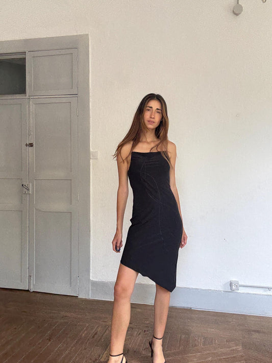 Y2K black asymmetric midi dress femme fatale strappy party look, Size L