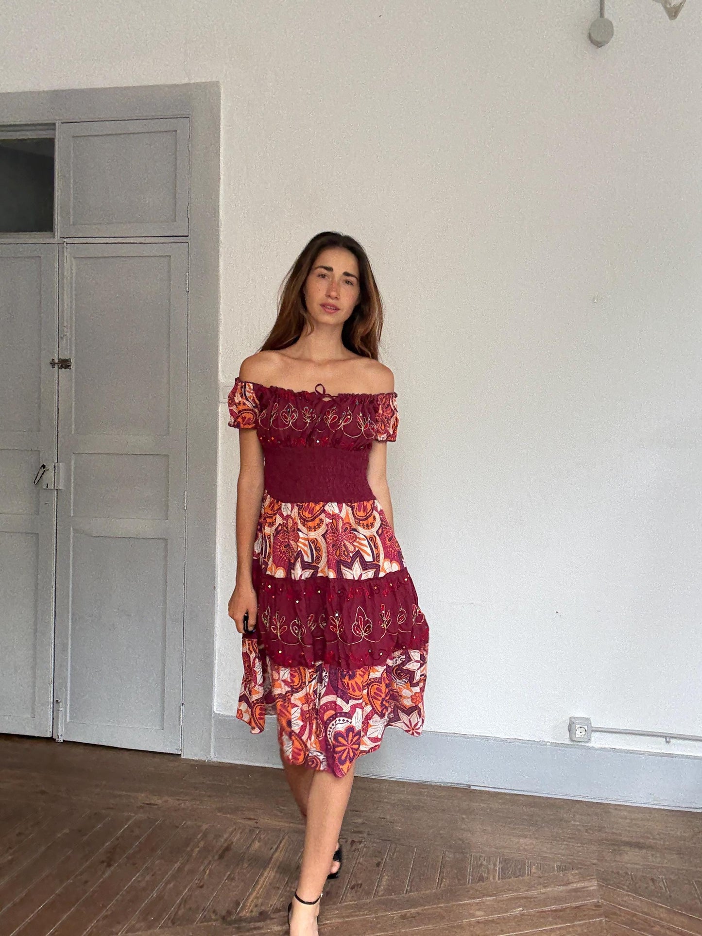 Boho festival midi dress, Coachella-worthy folk fit | Lana Del Rey off shoulder fairycore look, Size L