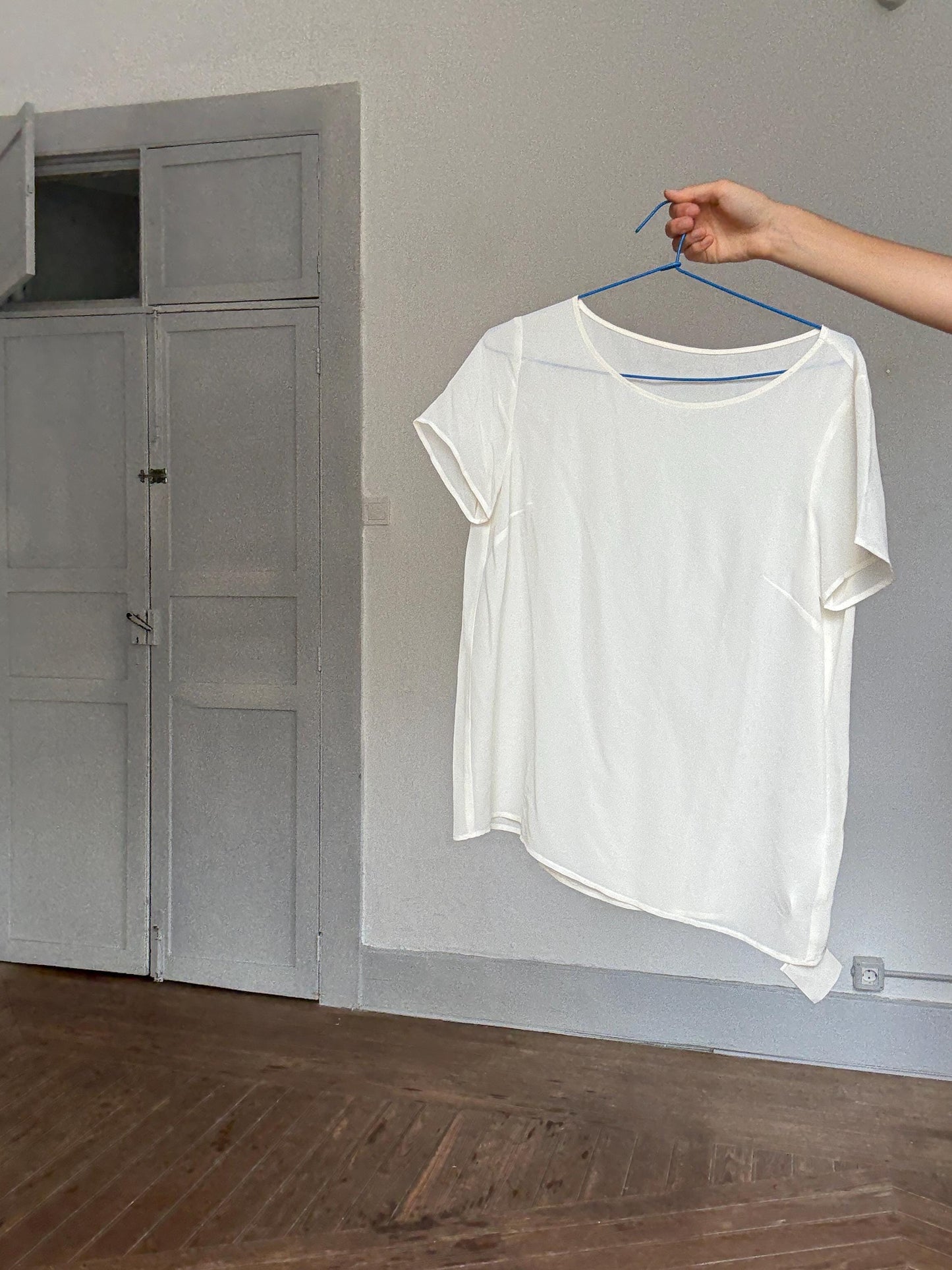 Minimalist white silk summer blouse – elegant sheer flowy top in US 10, breathable luxury for elevated warm weather looks