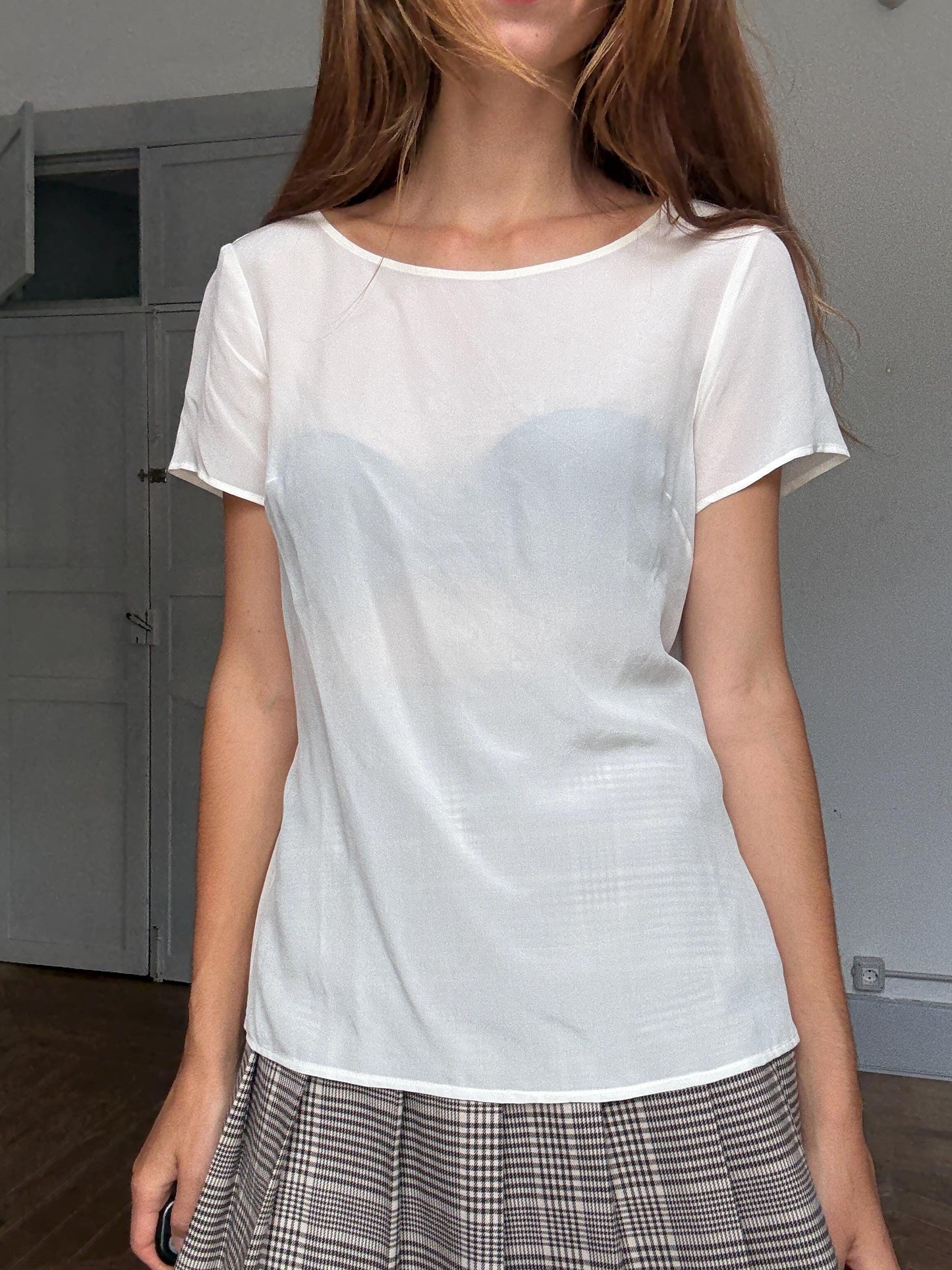 Minimalist white silk summer blouse – elegant sheer flowy top in US 10, breathable luxury for elevated warm weather looks