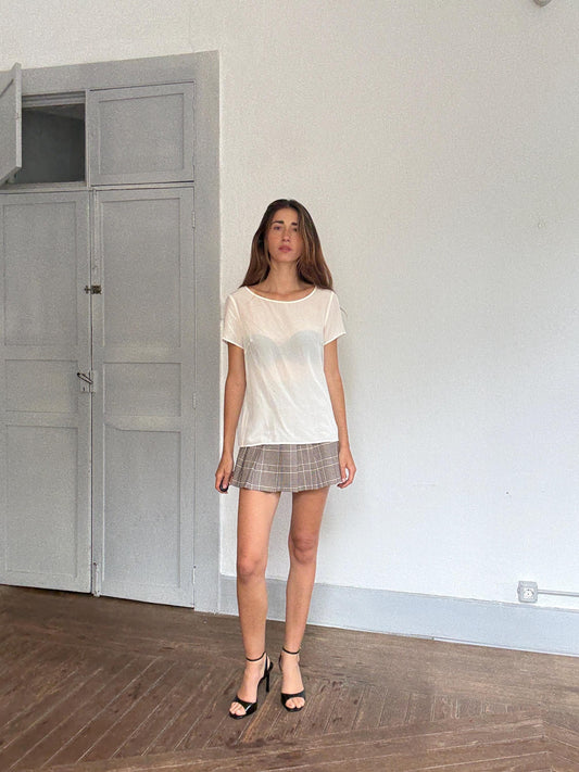 Minimalist white silk summer blouse – elegant sheer flowy top in US 10, breathable luxury for elevated warm weather looks