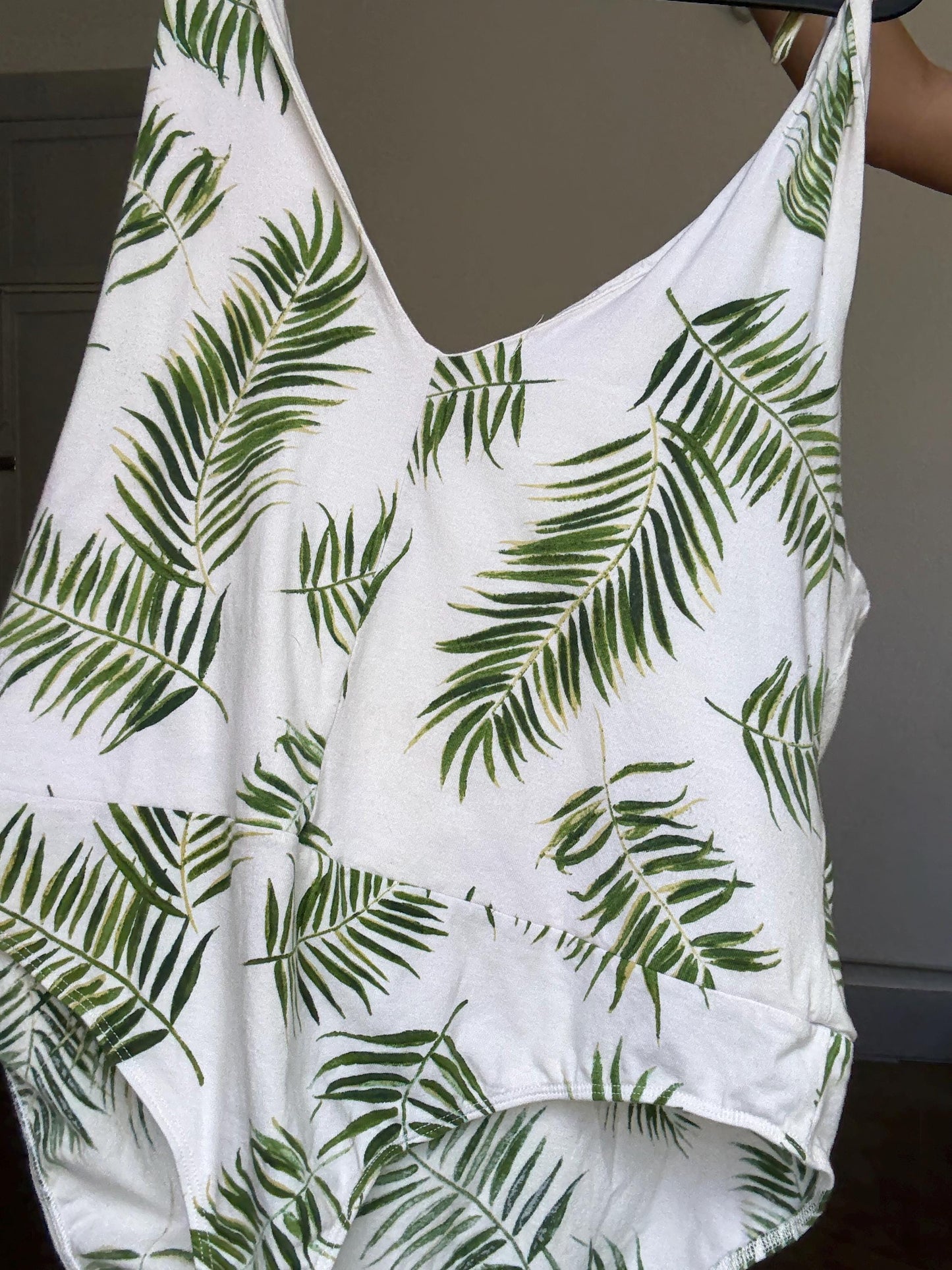 Tropical palm leaf print white cotton bodysuit – adjustable tie straps, scoop back, button crotch, breathable summer essential