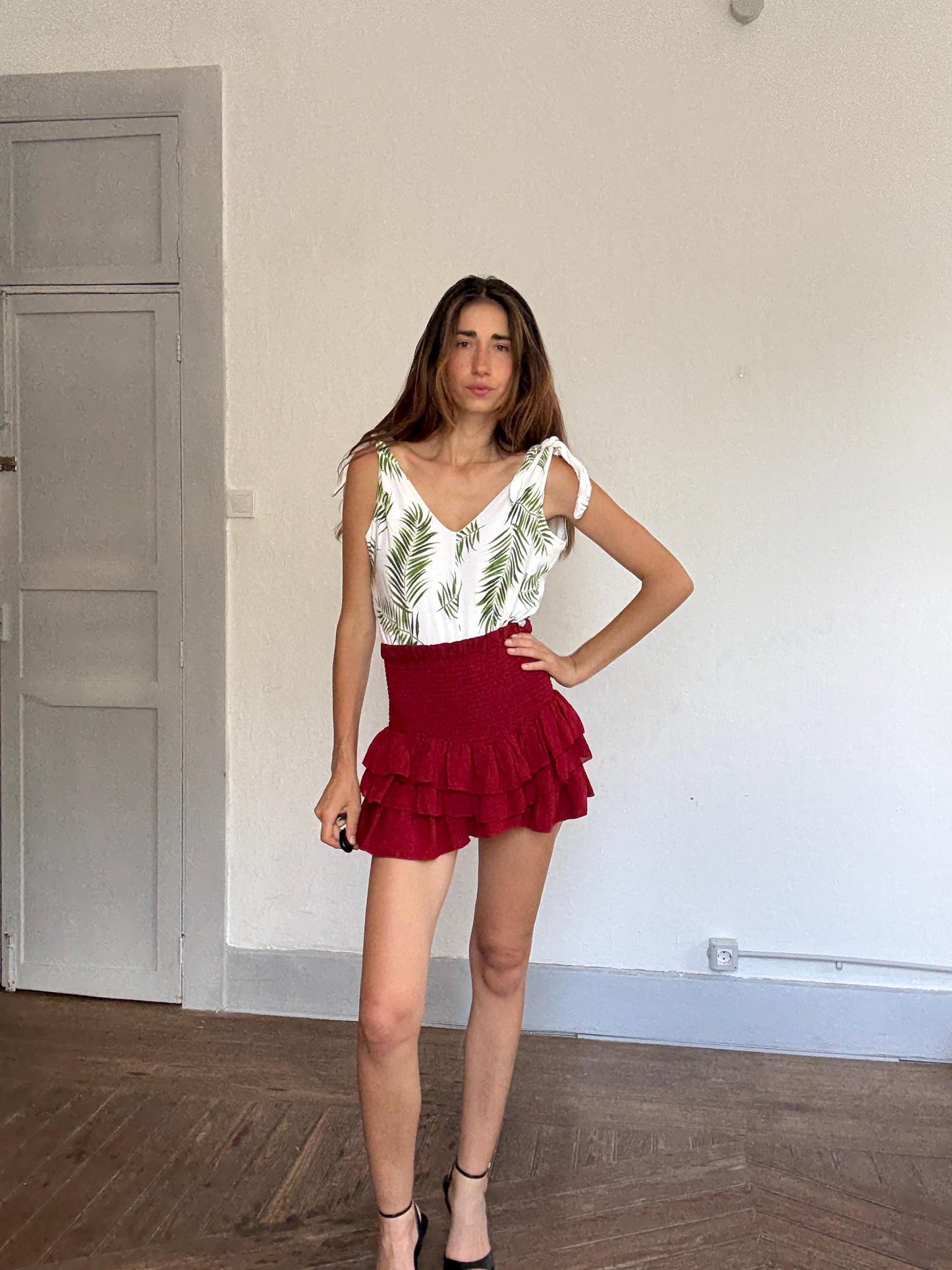 Tropical palm leaf print white cotton bodysuit – adjustable tie straps, scoop back, button crotch, breathable summer essential