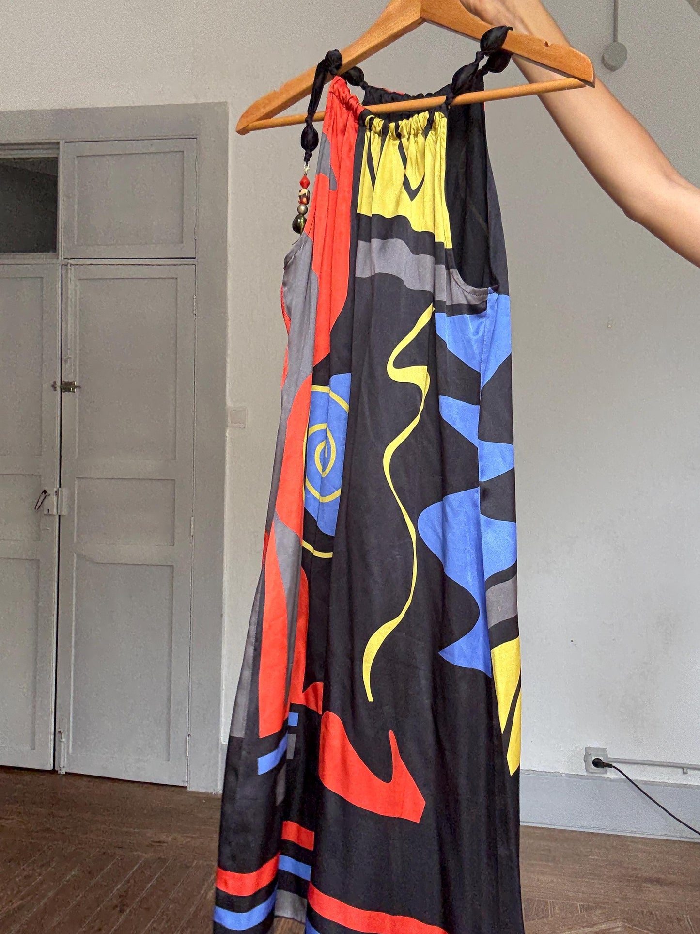 Brunella 100% silk halter mini dress with abstract art print & beaded straps – bold boho look, made in Spain