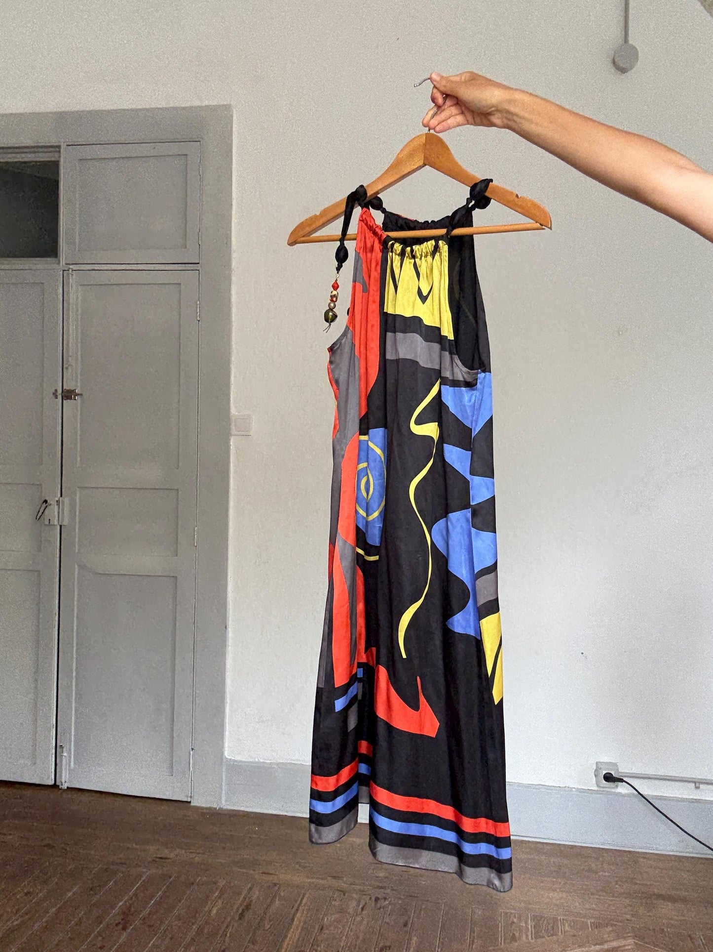 Brunella 100% silk halter mini dress with abstract art print & beaded straps – bold boho look, made in Spain