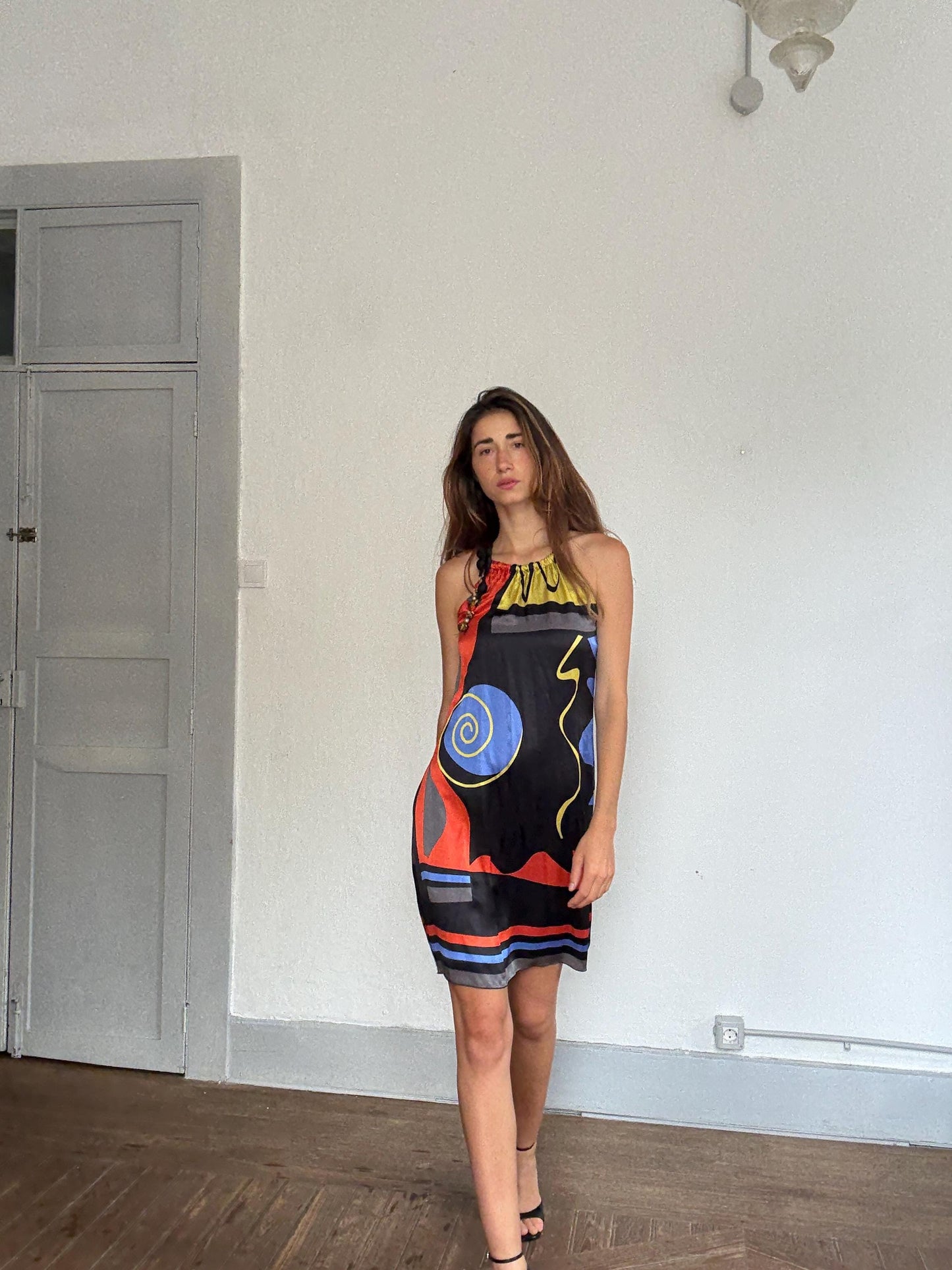 Brunella 100% silk halter mini dress with abstract art print & beaded straps – bold boho look, made in Spain