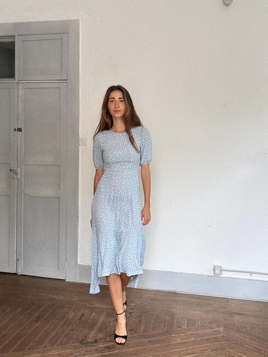 And Other Stories blue midi dress – puff sleeves, flared hem, abstract floral print, flattering waist, soft crepe, EUR 34, cottagecore chic