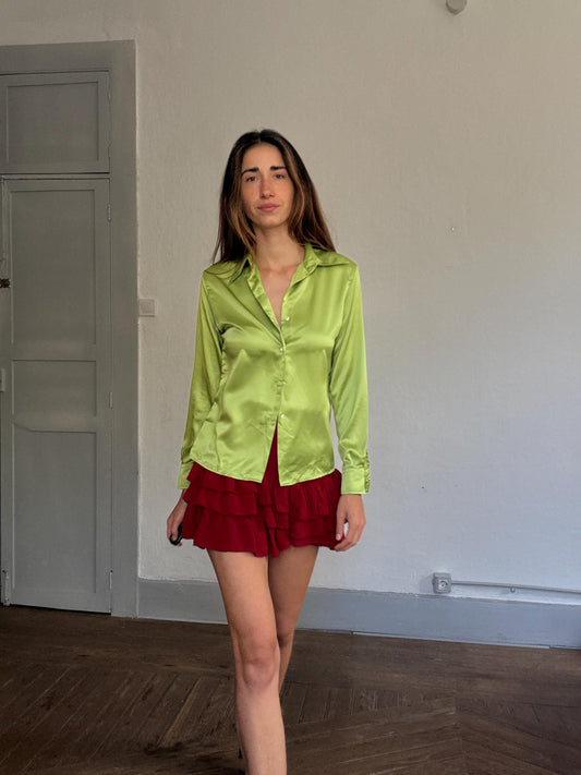 Lime green Sisley blouse made in Italy – glossy satin like shirt button-up front, 90s-inspired tailored glam office chic