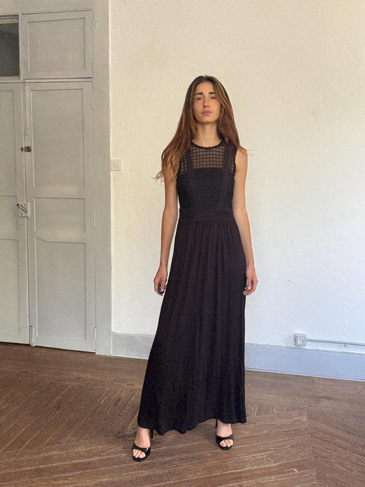 Black midi dress with lace crochet bodice, back zip & draped viscose skirt, boho chic evening look, breathable and flattering