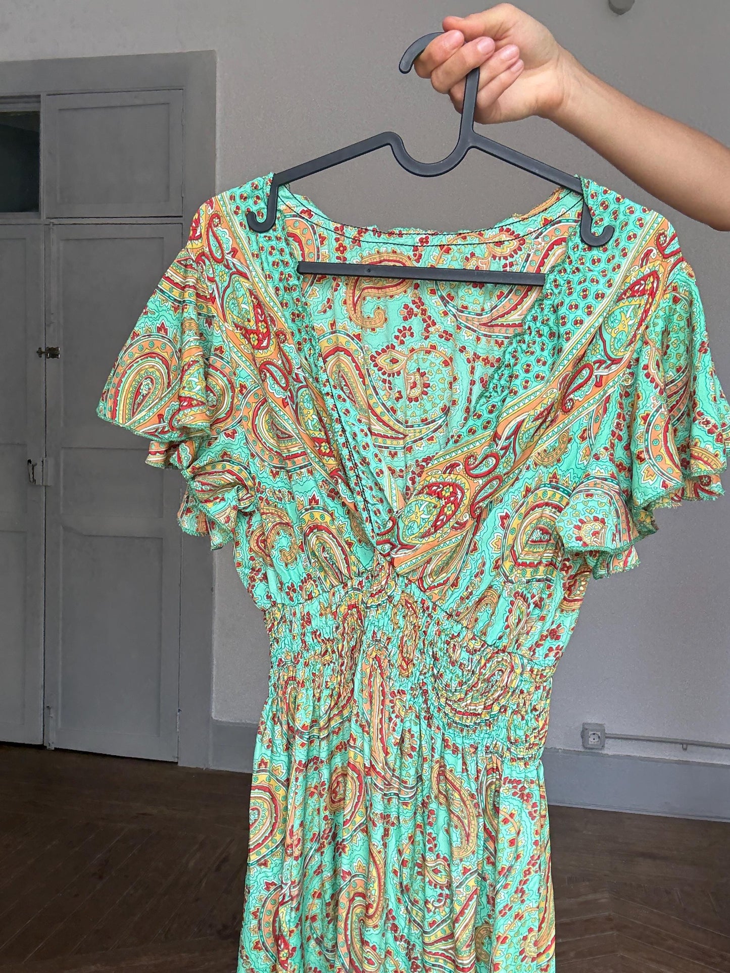 Boho Green Paisley Maxi Dress – Cottagecore Wedding Guest or Mamma Mia Summer Look, Size s