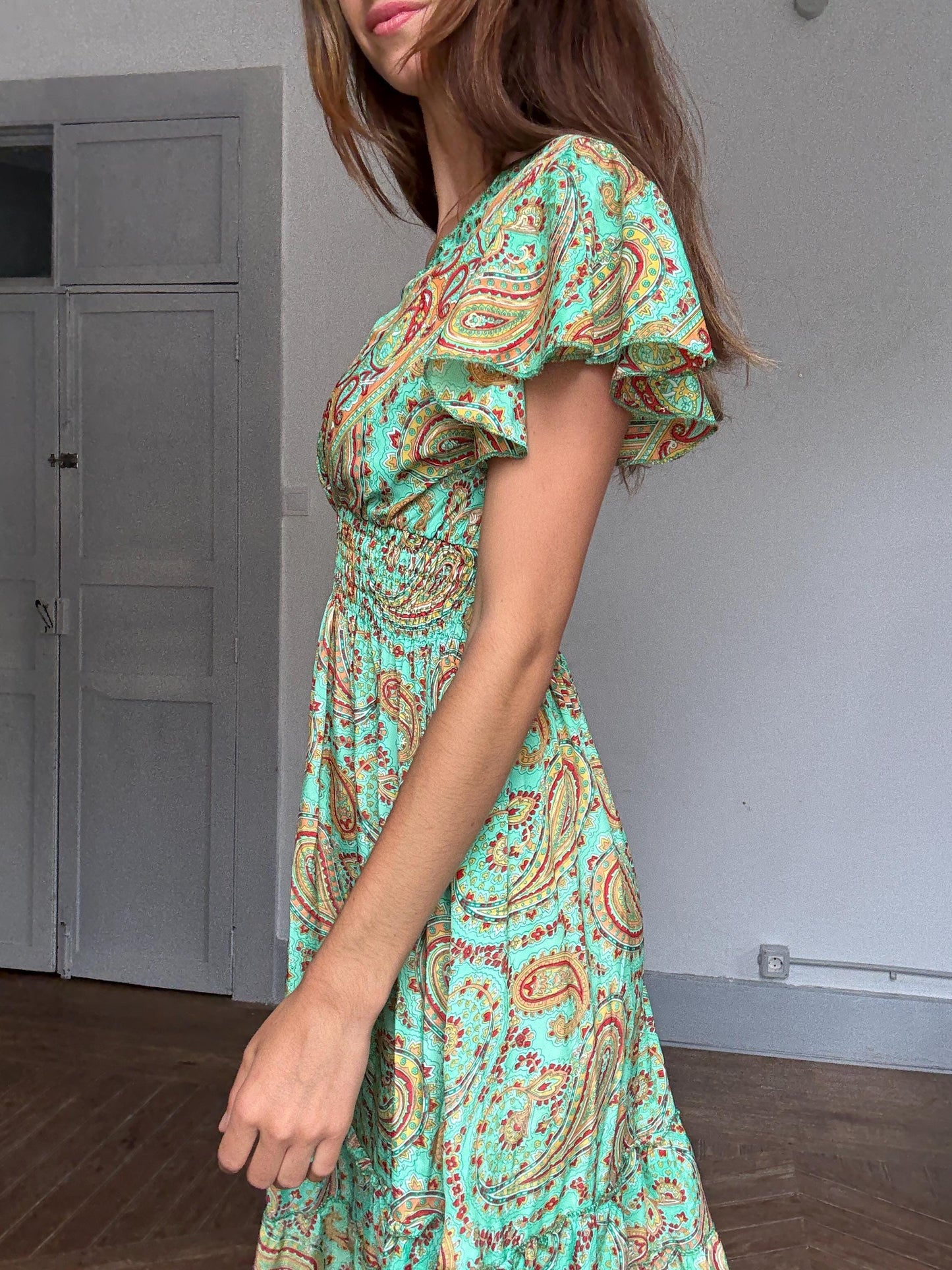 Boho Green Paisley Maxi Dress – Cottagecore Wedding Guest or Mamma Mia Summer Look, Size s