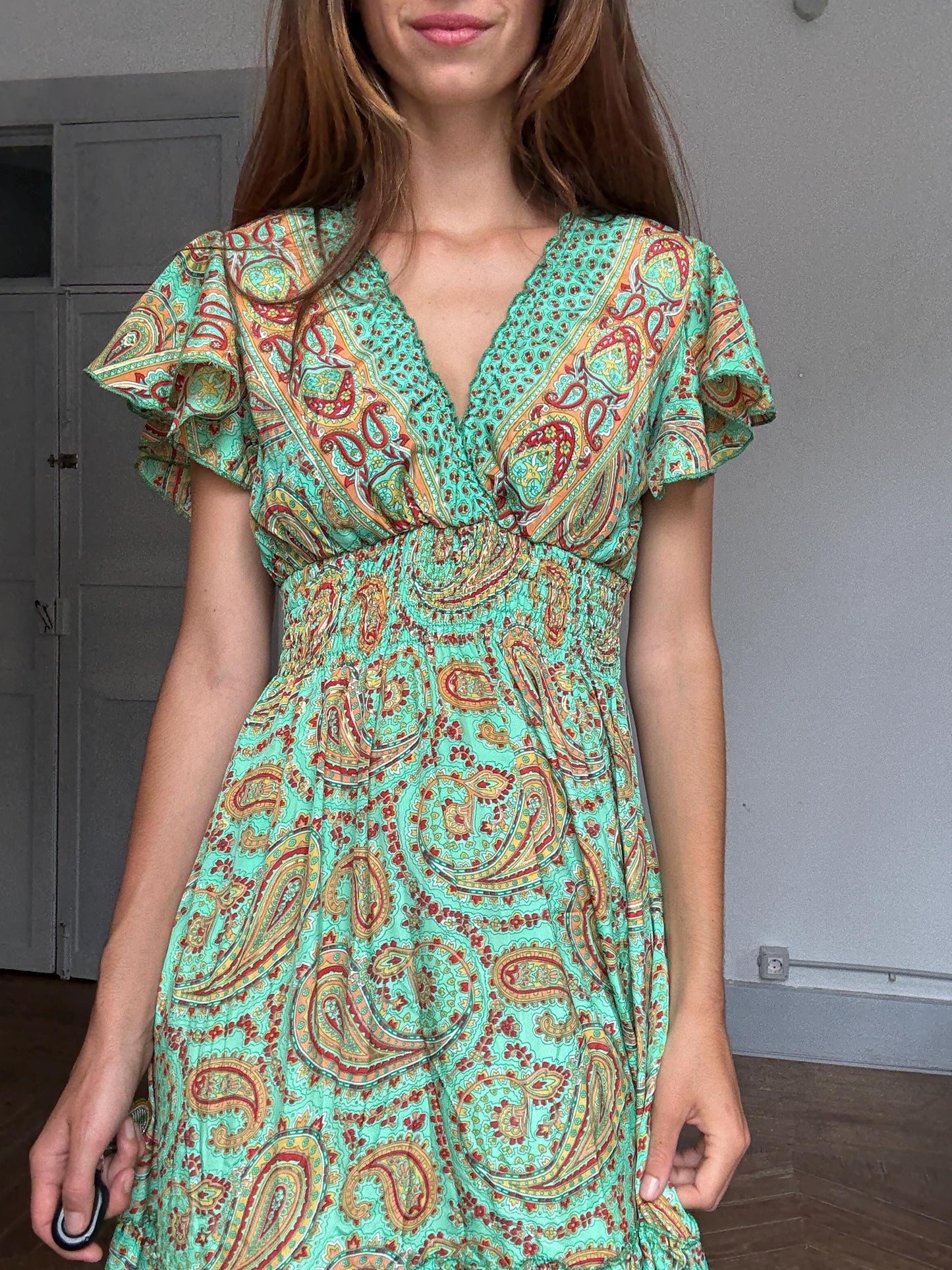 Boho Green Paisley Maxi Dress – Cottagecore Wedding Guest or Mamma Mia Summer Look, Size s