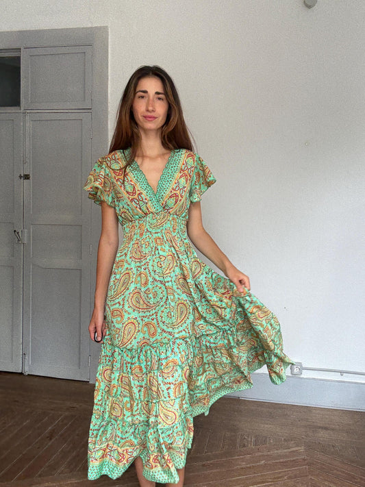 Boho Green Paisley Maxi Dress – Cottagecore Wedding Guest or Mamma Mia Summer Look, Size s