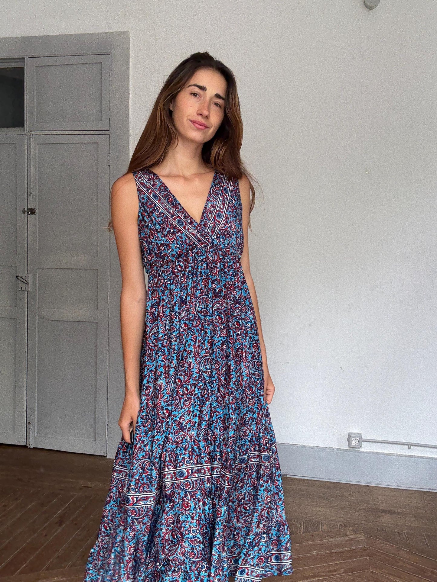 Boho Blue Paisley Maxi Dress – Indie Aesthetic Summer Festival Look,