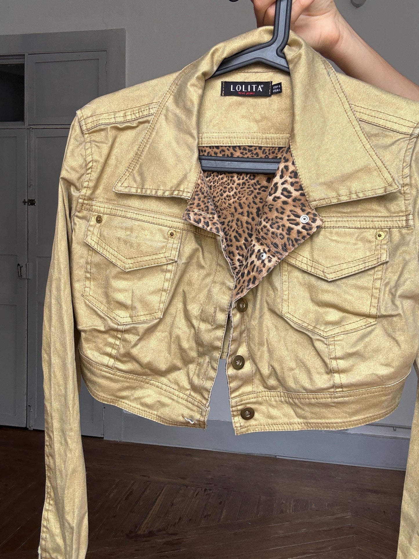 Y2K Gold Cropped Jacket with Leopard Lining – Paris Hilton Meets Euphoria Vibes, Cute sexy gold and leopard print mini woman coat, Size M