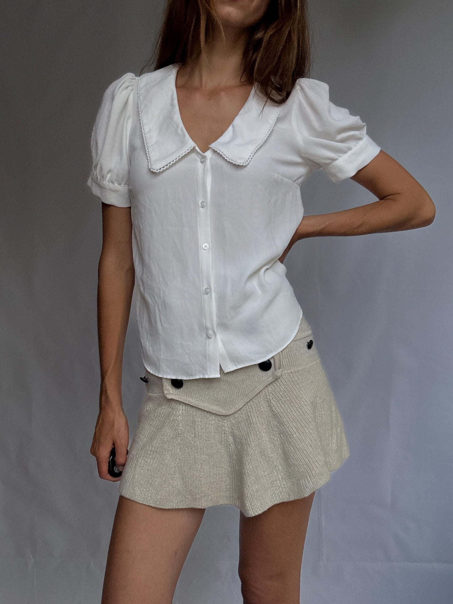 Vintage Naf Naf Paris blouse with peter pan collar, white short sleeve button-up, size 36 romantic French style top