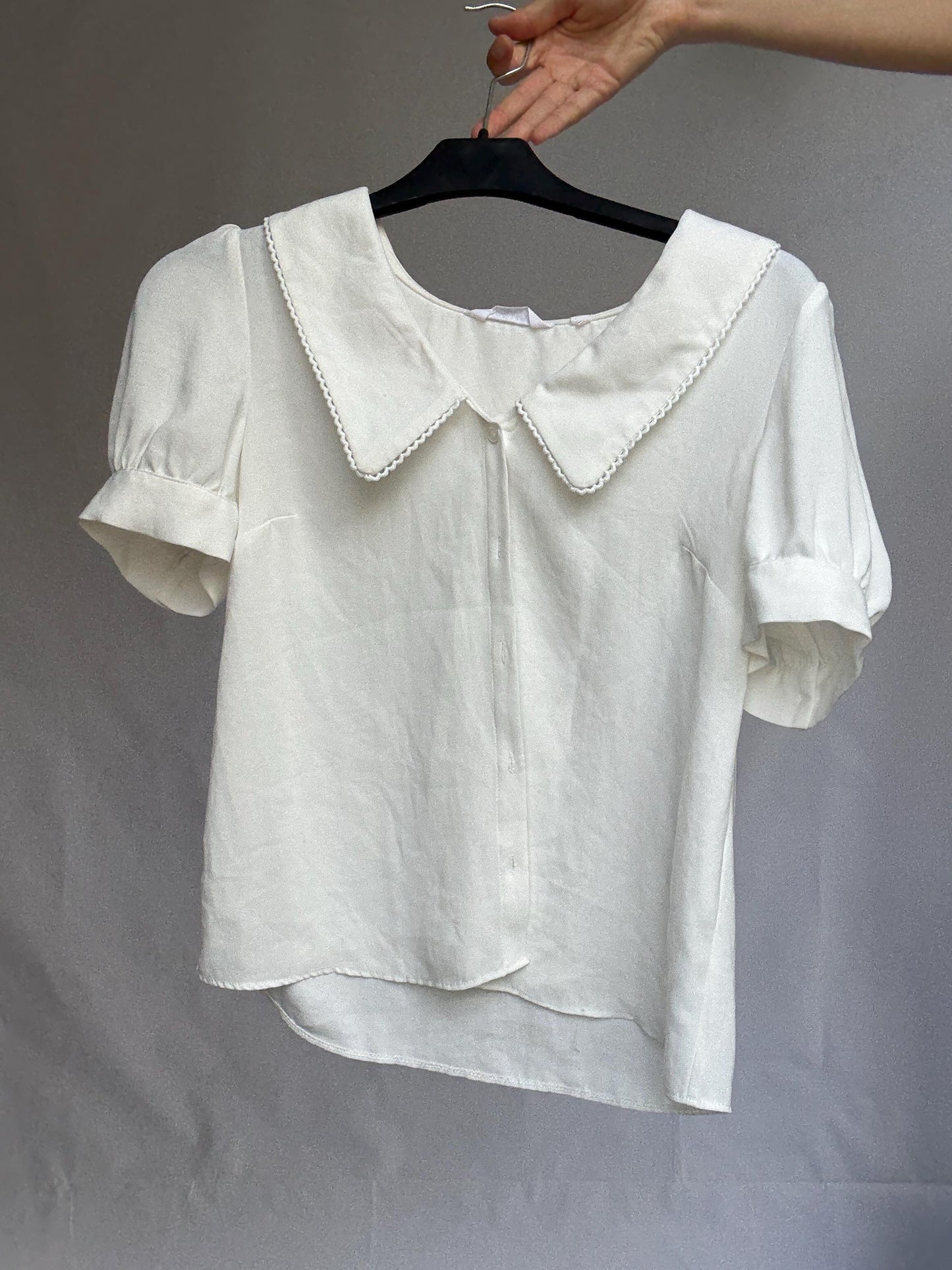 Vintage Naf Naf Paris blouse with peter pan collar, white short sleeve button-up, size 36 romantic French style top