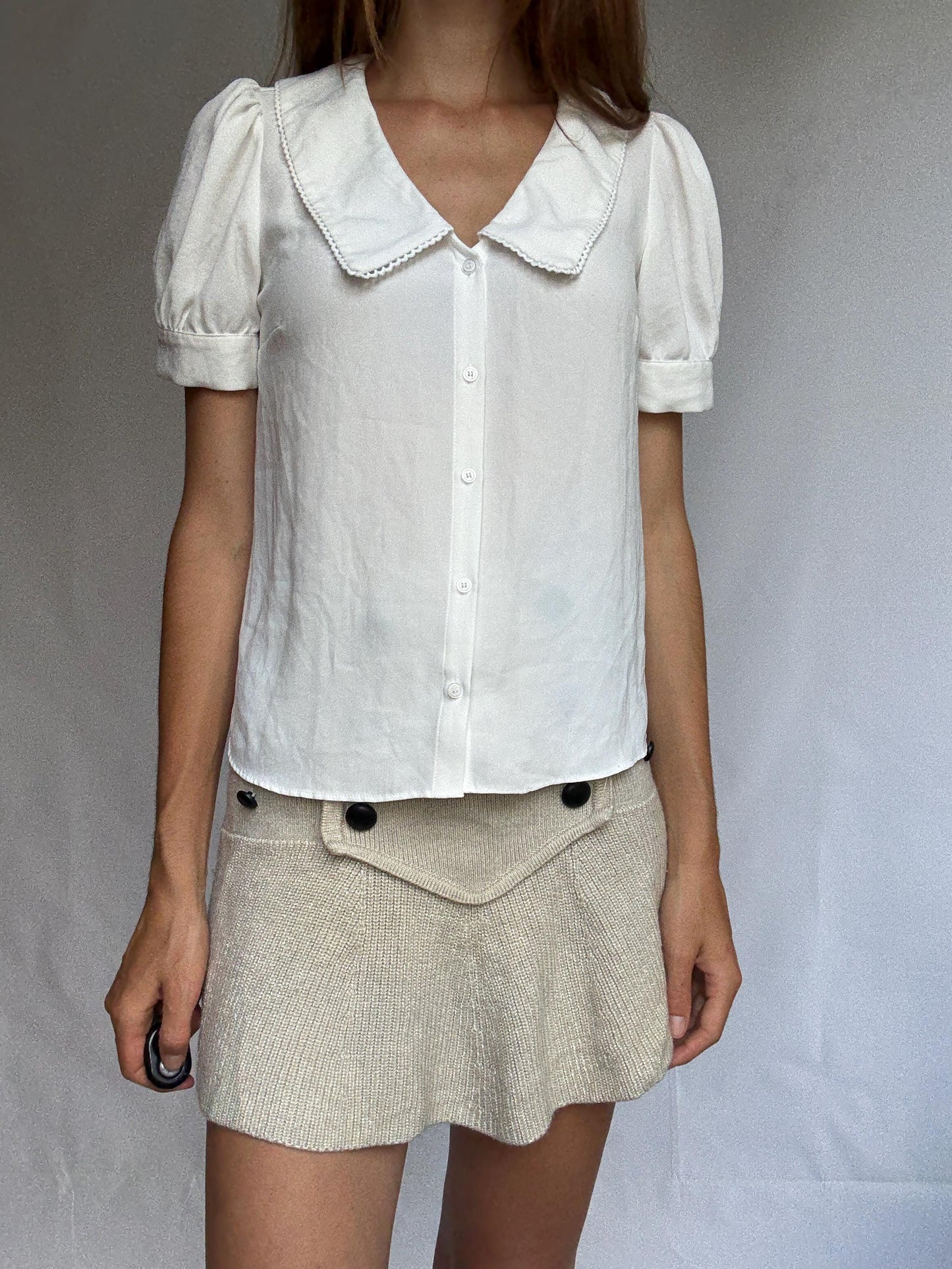 Vintage Naf Naf Paris blouse with peter pan collar, white short sleeve button-up, size 36 romantic French style top