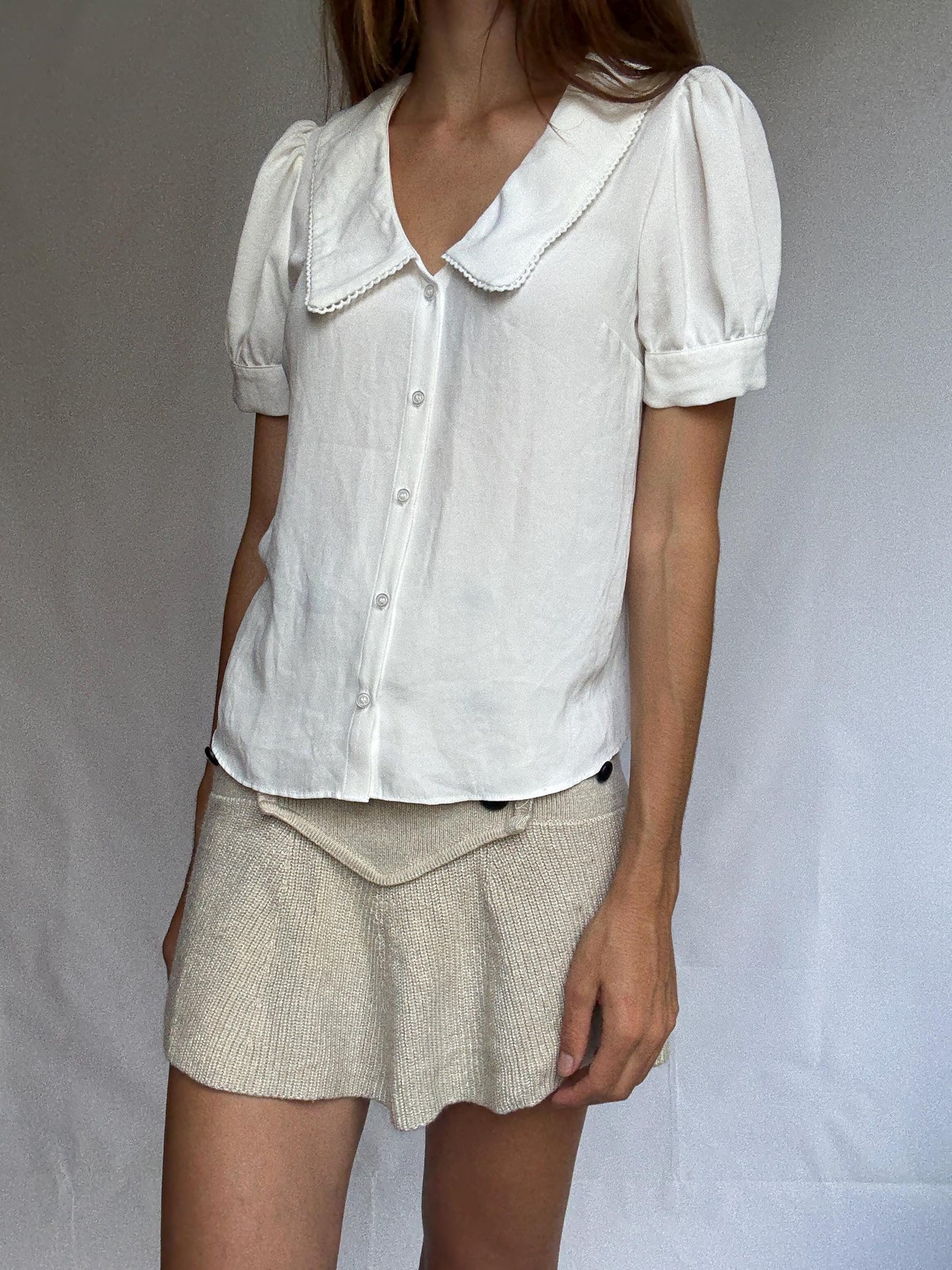 Vintage Naf Naf Paris blouse with peter pan collar, white short sleeve button-up, size 36 romantic French style top