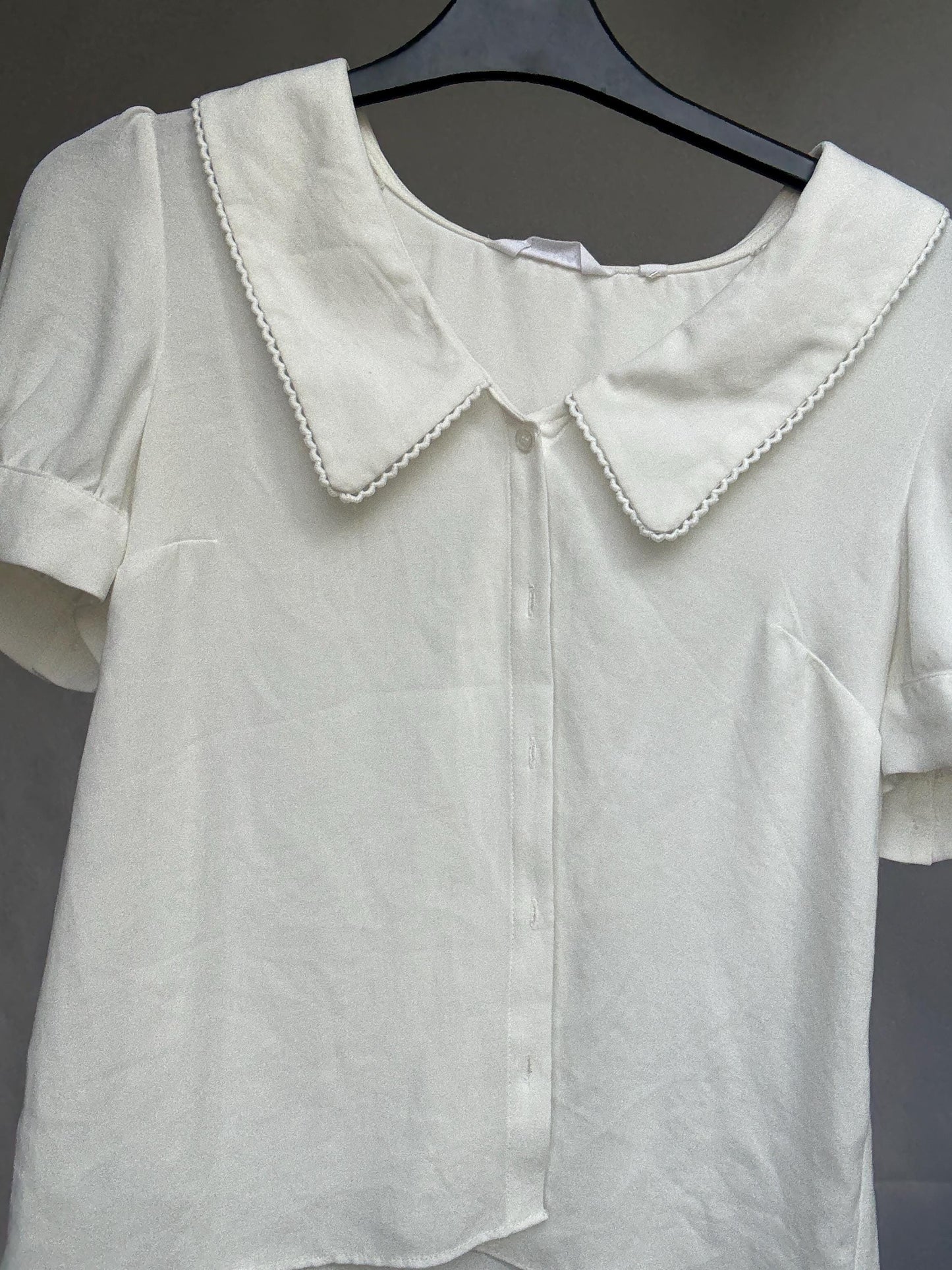 Vintage Naf Naf Paris blouse with peter pan collar, white short sleeve button-up, size 36 romantic French style top