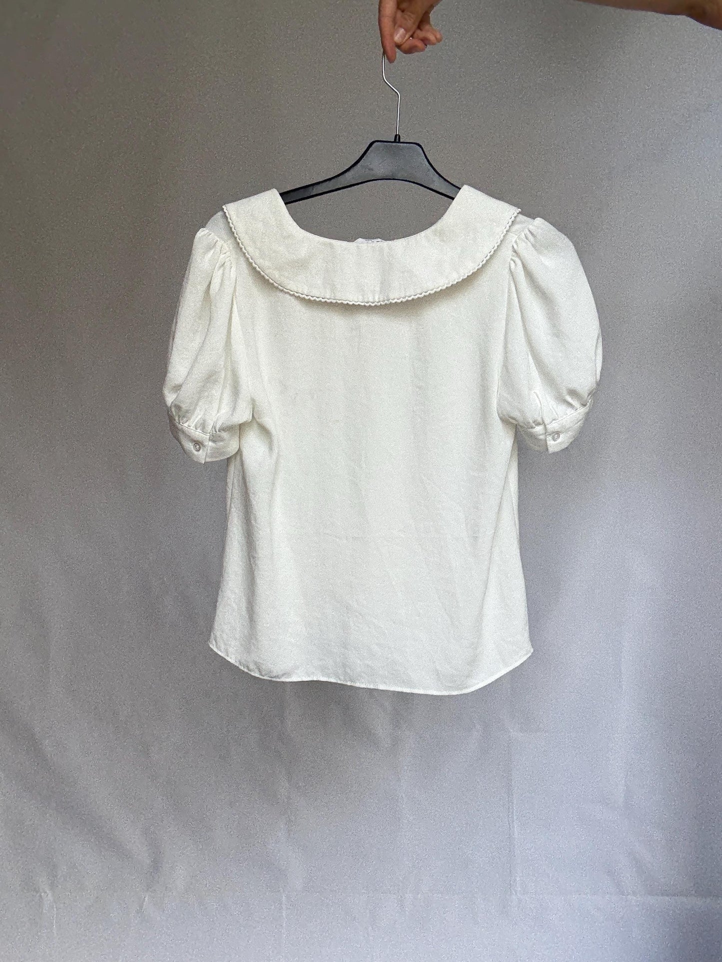 Vintage Naf Naf Paris blouse with peter pan collar, white short sleeve button-up, size 36 romantic French style top
