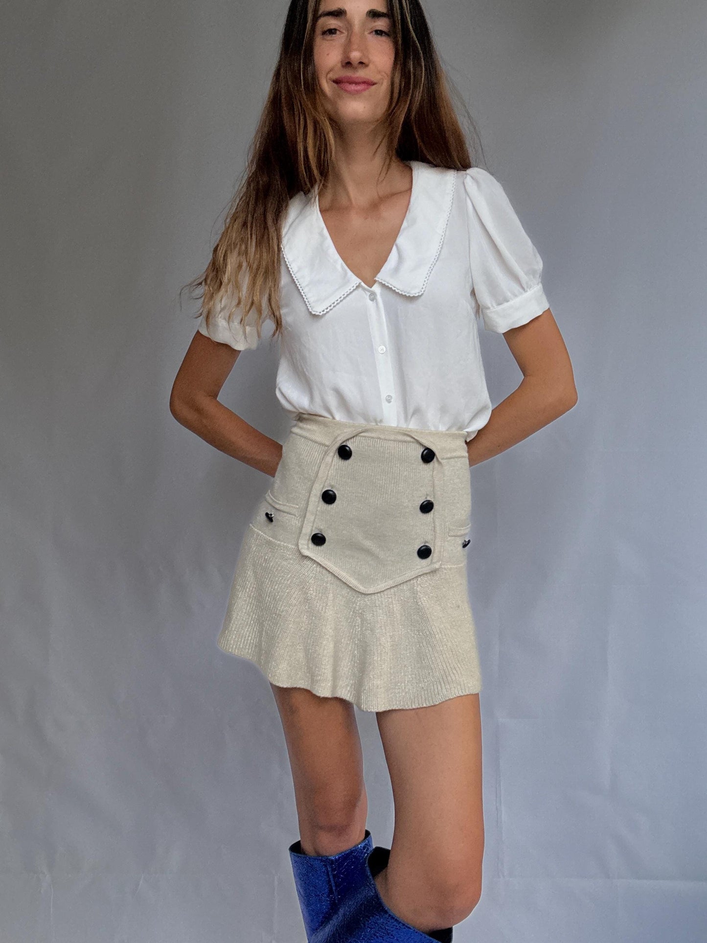 Vintage Naf Naf Paris blouse with peter pan collar, white short sleeve button-up, size 36 romantic French style top