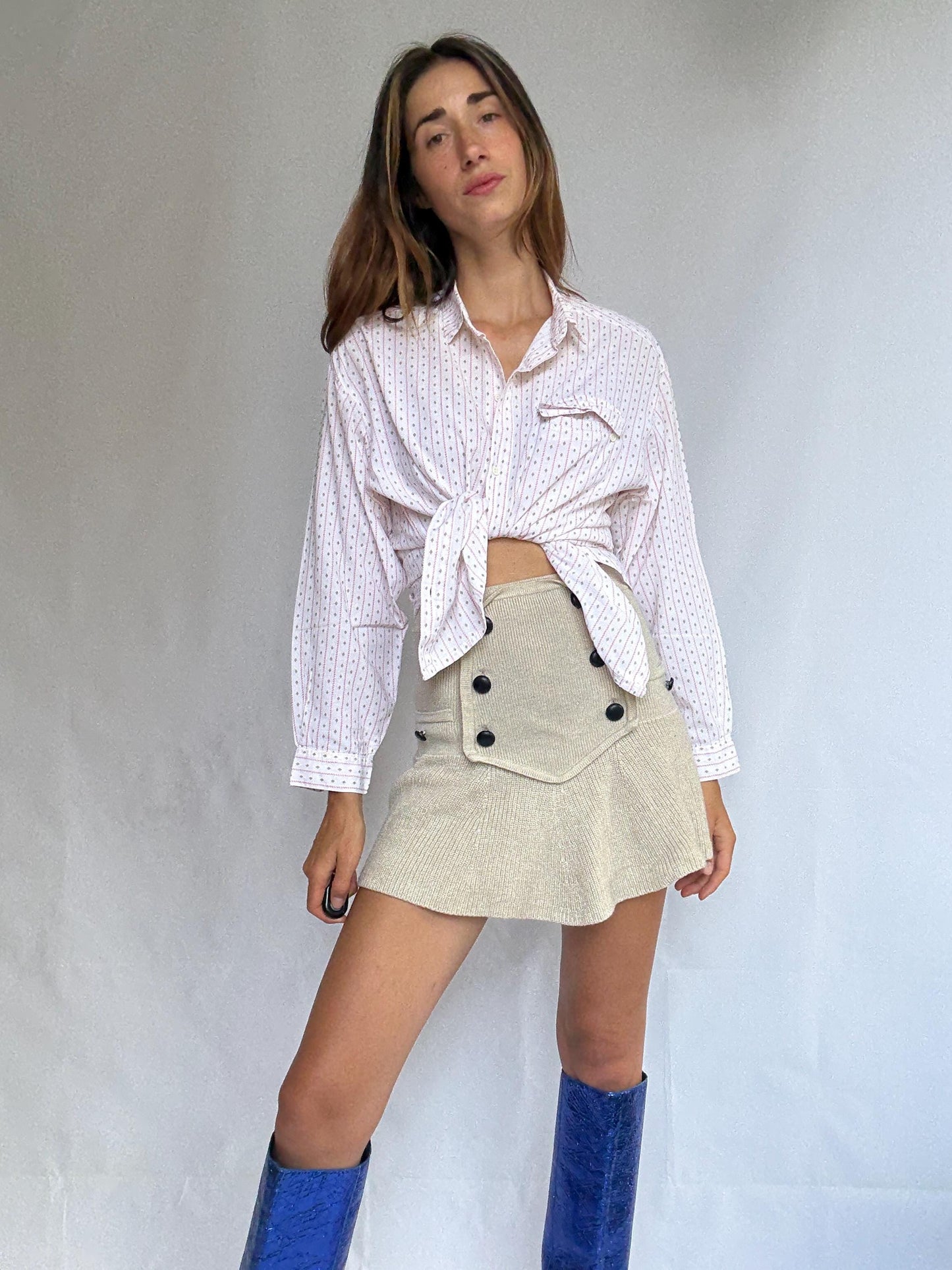 Groovy 70s Cotton Button-Up Shirt | Unisex Vintage Blouse | Pink Retro Print | Size L (DE 40 / UK 14 / US 10)