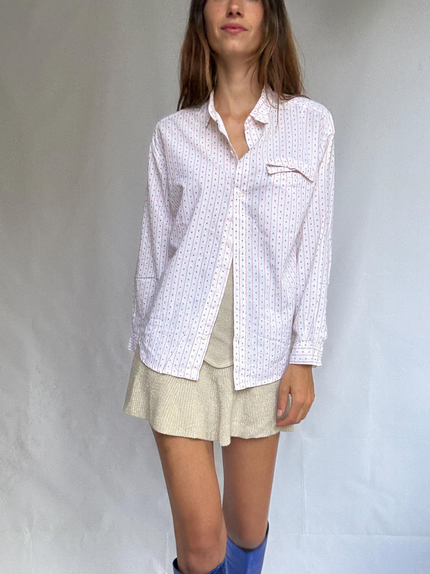 Groovy 70s Cotton Button-Up Shirt | Unisex Vintage Blouse | Pink Retro Print | Size L (DE 40 / UK 14 / US 10)