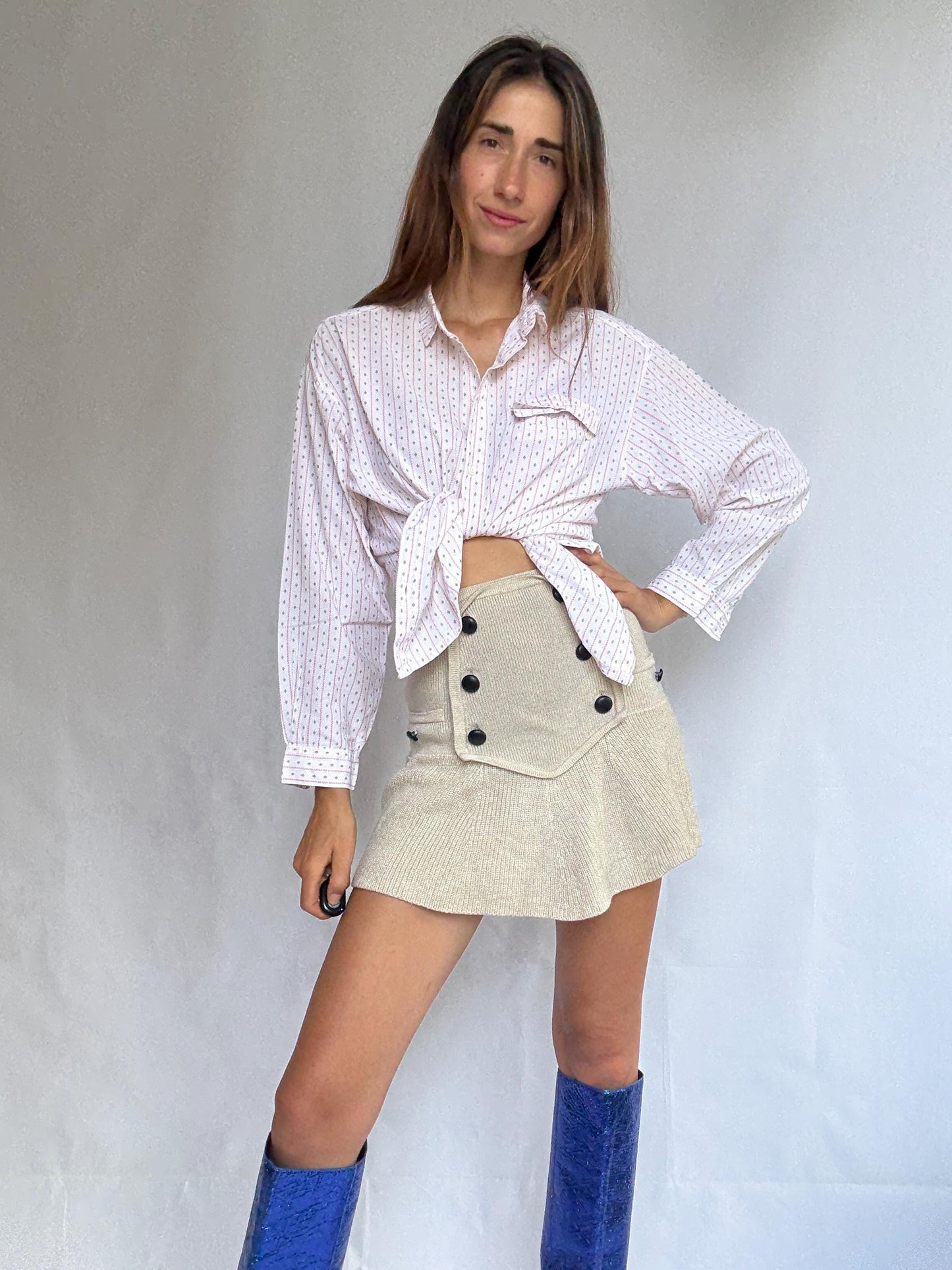 Groovy 70s Cotton Button-Up Shirt | Unisex Vintage Blouse | Pink Retro Print | Size L (DE 40 / UK 14 / US 10)