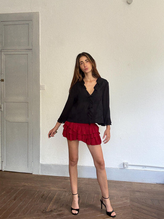 Vintage Durachi black ruffle blouse – sheer blouse, beaded trim details, romantic boho glam