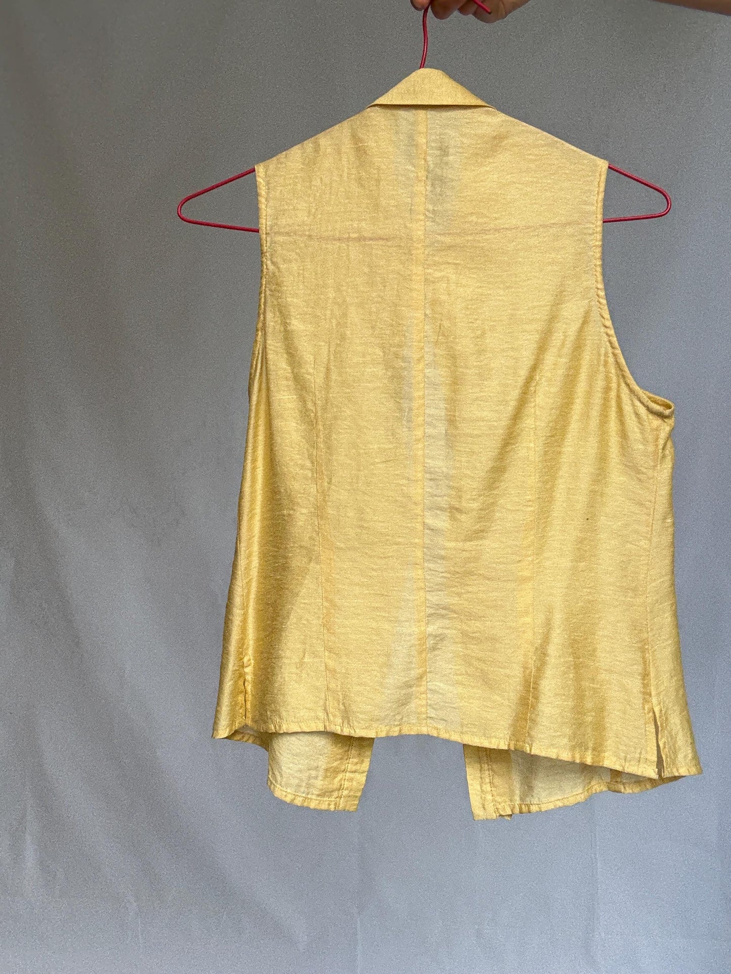Vintage yellow sleeveless blouse with ruffle trim, Made in Spain, soft viscose silk blend, size 38 button-up summer top